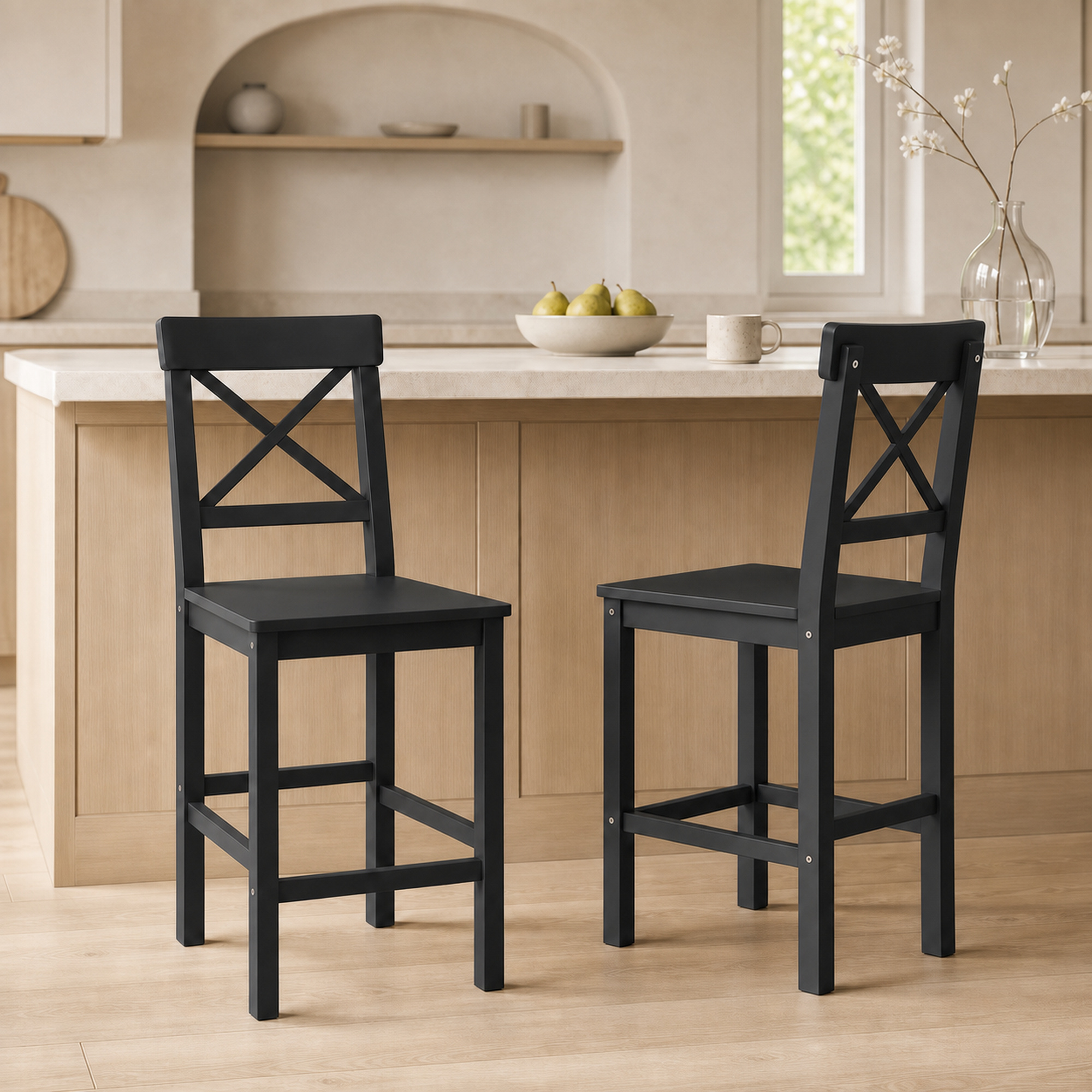 HOMCOM Counter Stools Set of 2, 38.4" Solid Wood Farmhouse Bar Stools with X-Frame Back for Kitchen Island, Black Aosom Canada