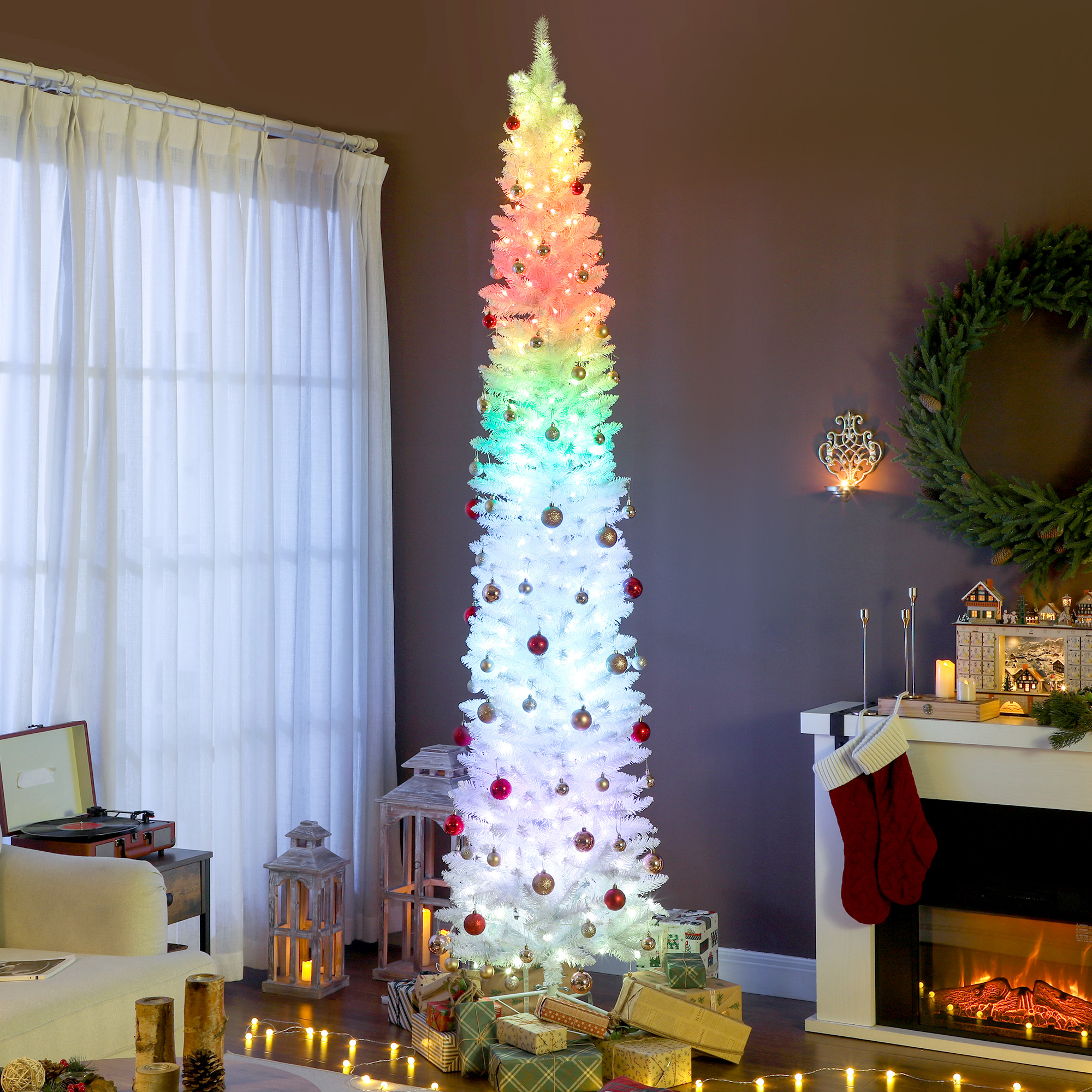 HOMCOM 9ft Christmas Tree with Colourful DIY Synchronized LEDs, Hinged Pencil Xmas Tree with Remote, Daily Timer, White Aosom Canada