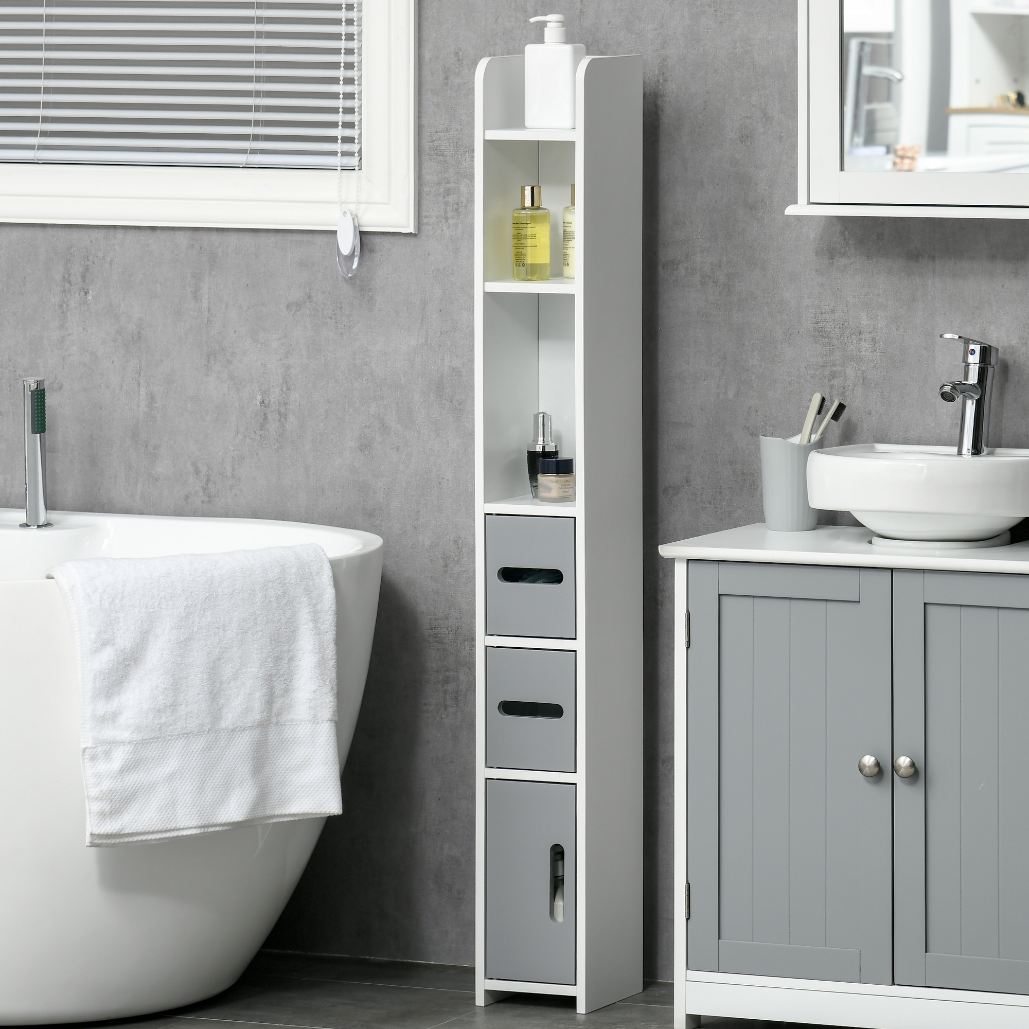 kleankin Freestanding Tall Bathroom Cabinet, Narrow Bathroom Storage Cabinet with Shelves and Cupboards, Grey and White Aosom Canada