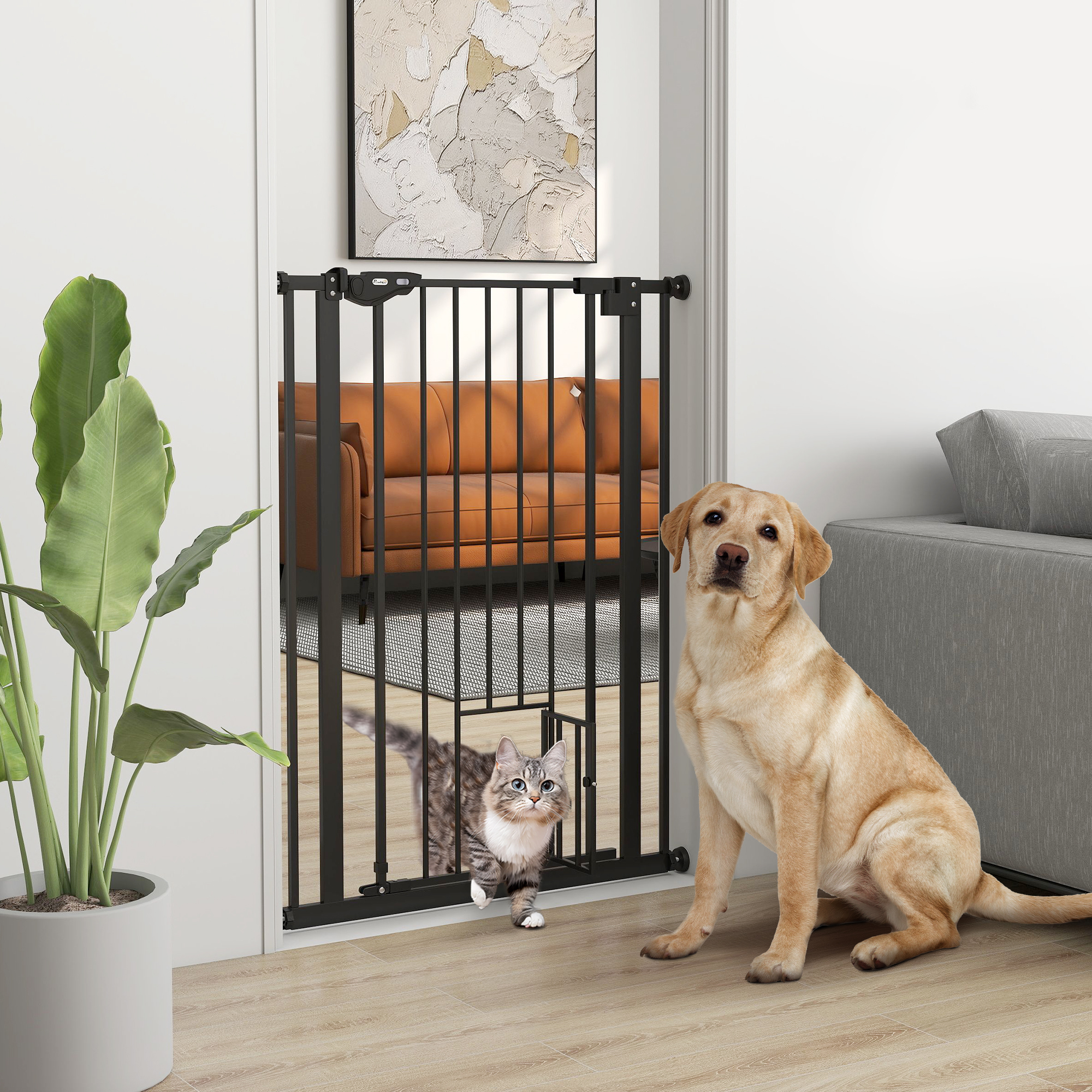 PawHut Extra Tall Pet Gate: 29.25"-31.5" Black Barrier with Small Door, Auto-Close & Double Locking at 41" Height Aosom Canada