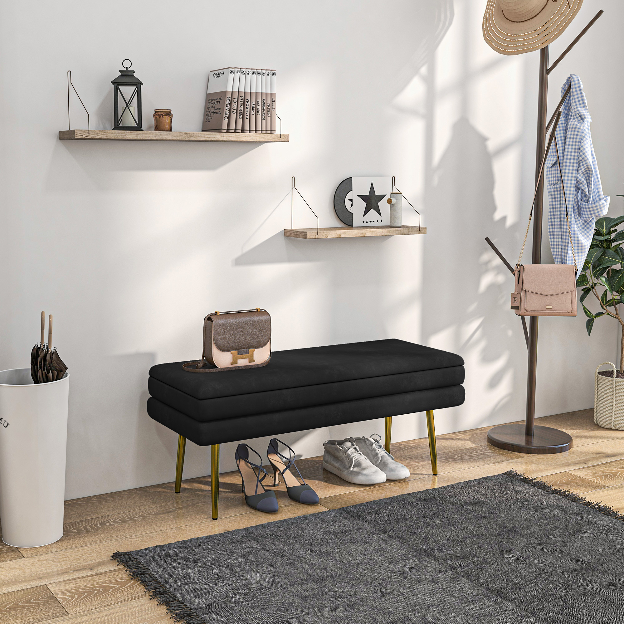 HOMCOM End of Bed Bench, Velvet-feel Upholstered Bench with Thick Padded Seat and Steel Legs, Modern Bedroom Bench, Black Aosom Canada
