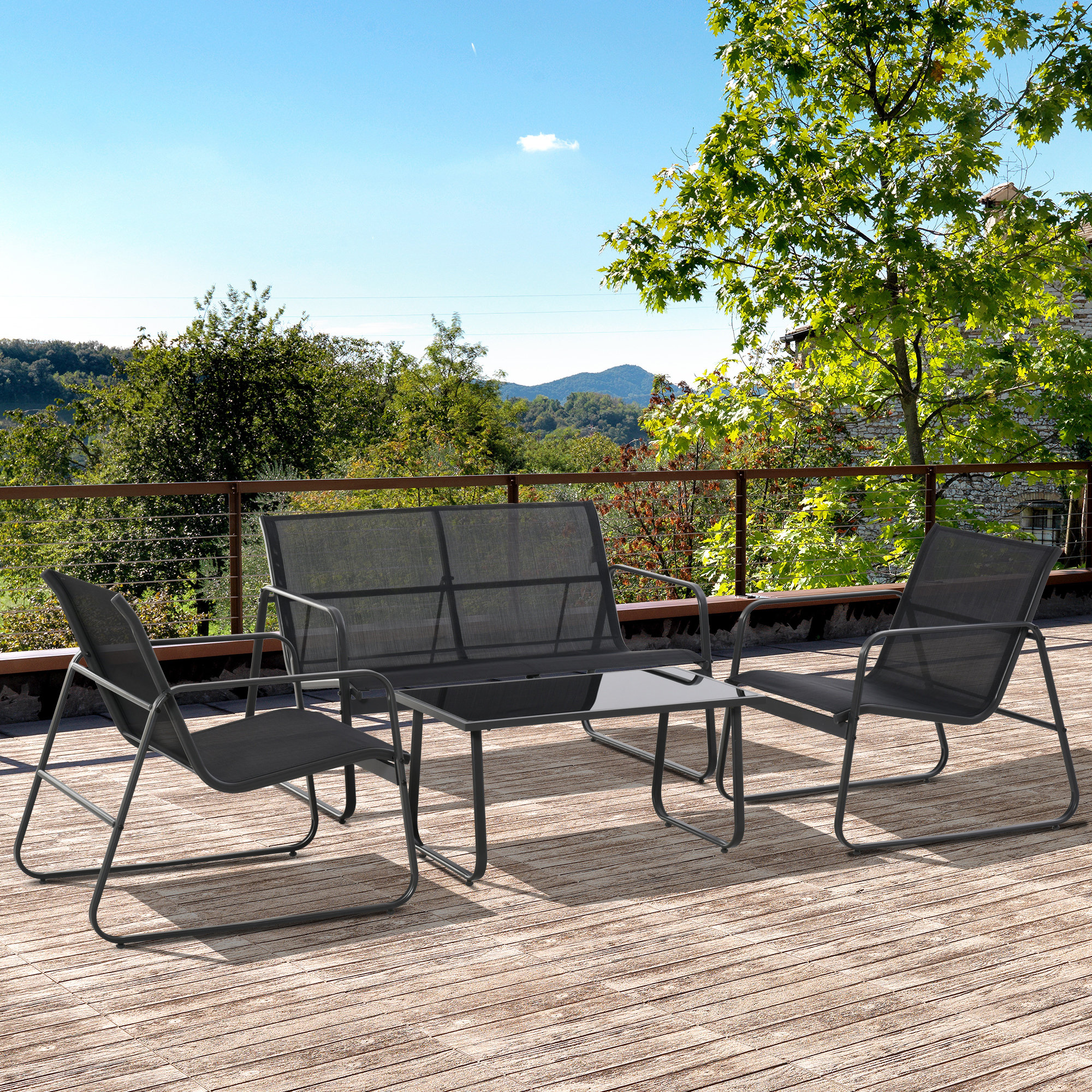 Outsunny 4 Piece Patio Furniture Set, Outdoor Conversation Set with Loveseat Sofa, Armchairs, Glass Top Coffee Table, Black Aosom Canada