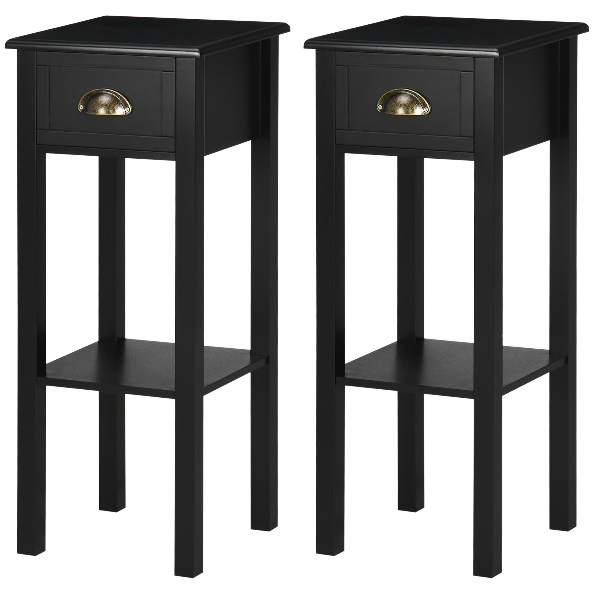 HOMCOM 2-Tier Nightstand, Side Table with Drawer and Shelf for Living Room or Bedroom, Set of 2, Black