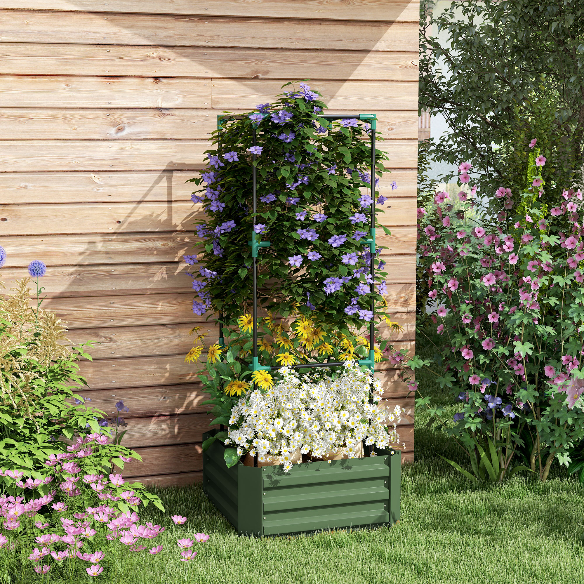 Outsunny Galvanized 3-Tier Planter Box Raised Garden Bed Trellis Tomato Cage Climbing Vines Veggies Green Patio Aosom Canada