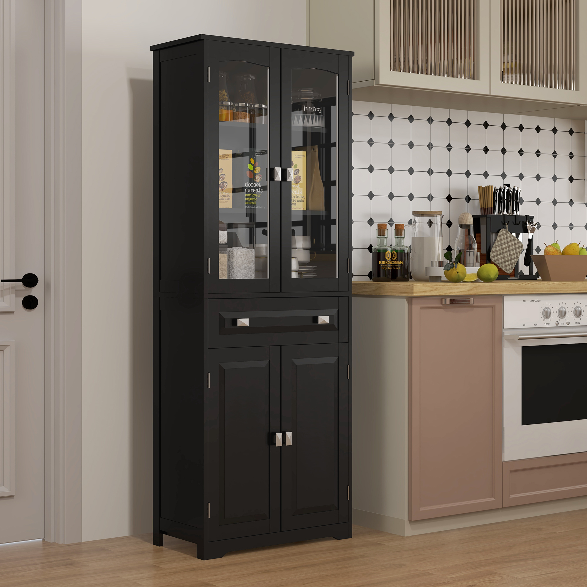 HOMCOM 63" Freestanding Kitchen Pantry Cabinet - 4-Door Storage Cupboard with Adjustable Shelves, Black Aosom Canada