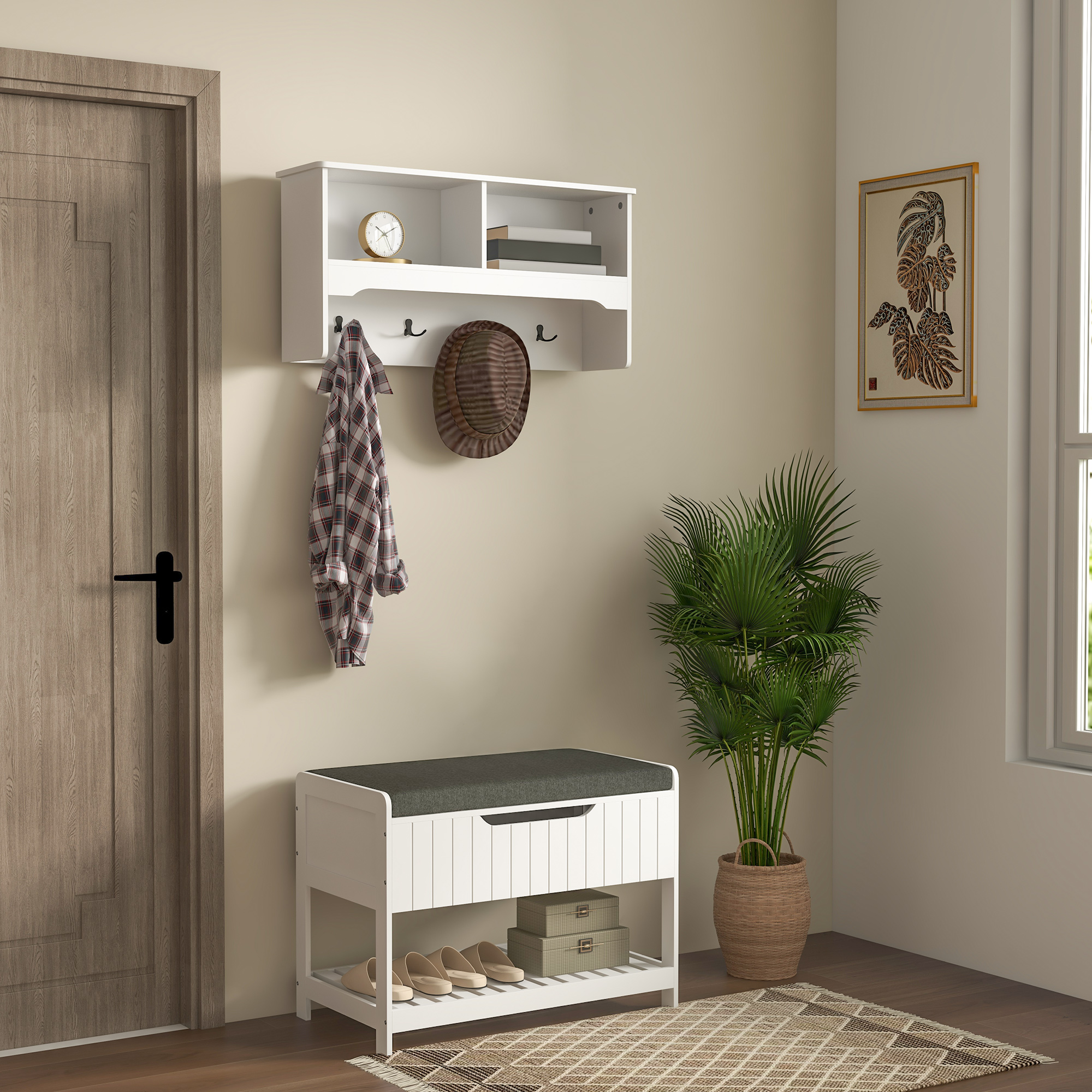 HOMCOM Wall Mounted Coat Rack with Shoe Storage Bench, Hall Tree and Bench, Clothes Hanger Rack with Shelves for Hallway White Aosom Canada