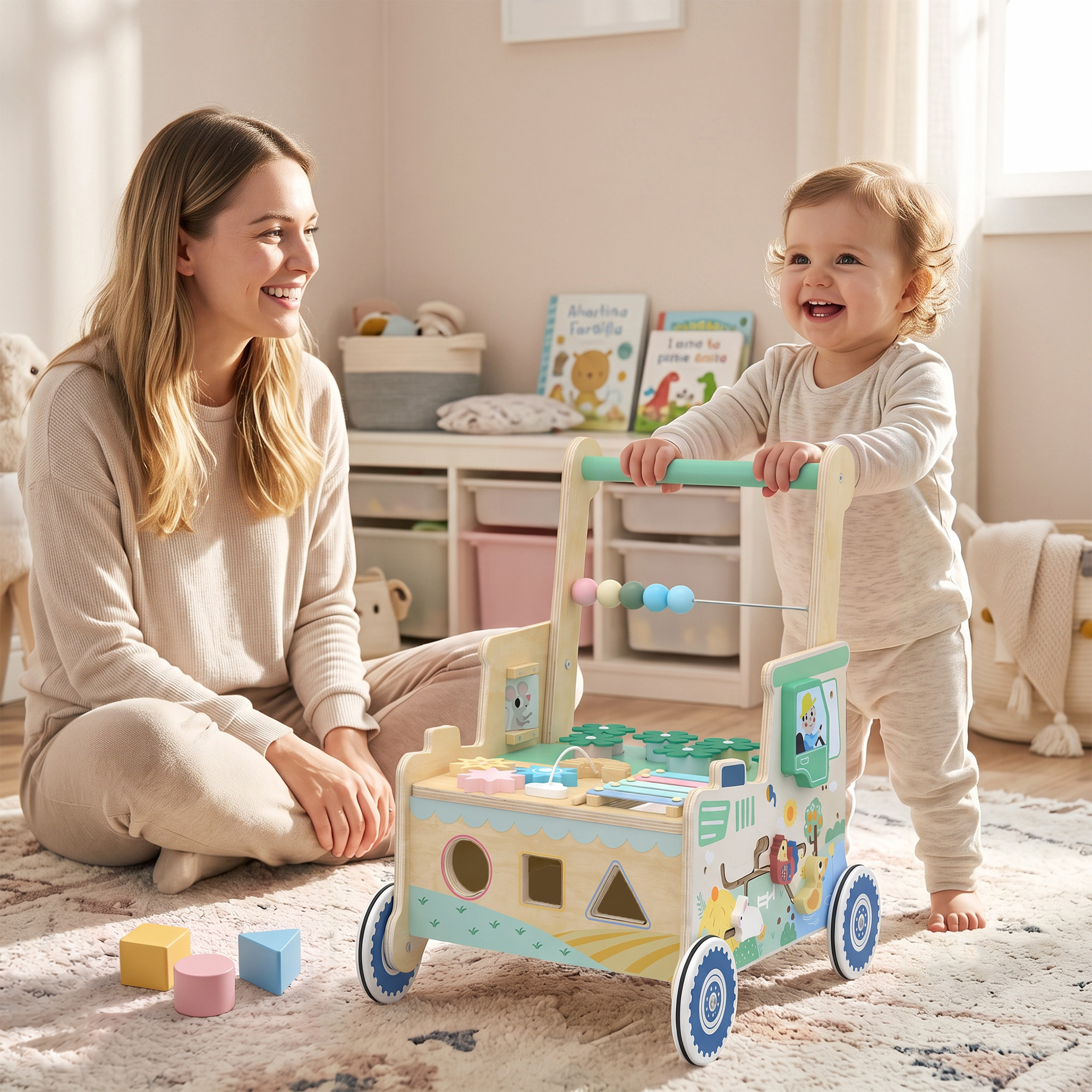 Qaba Wooden Baby Walker for 1-3 Year, Montessori Inspired Push Along Walker Toys, Multifunctional Activity Centre Aosom Canada