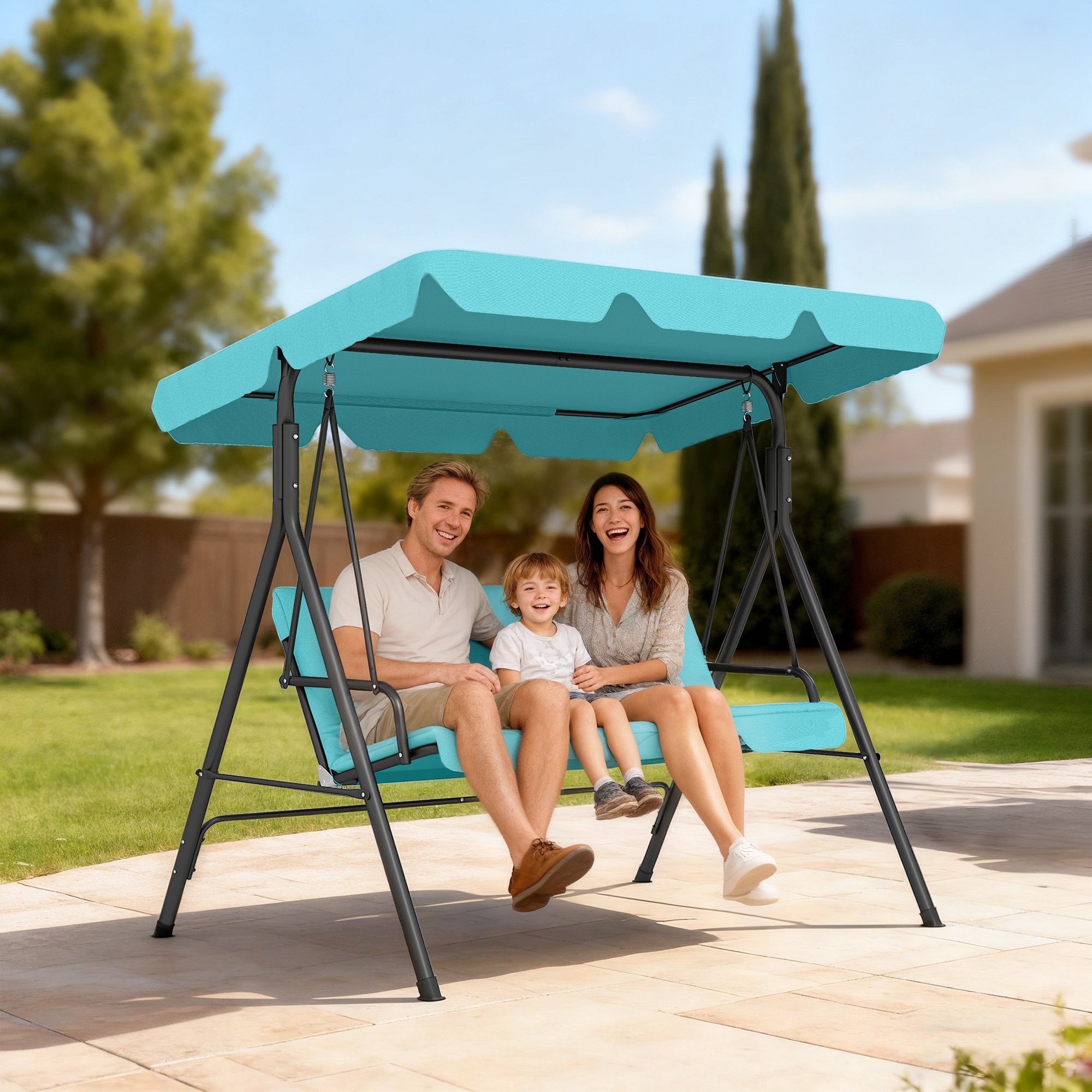 Outsunny 3-Seater Outdoor Porch Swing with Adjustable Canopy Patio Swing Chair for Garden Poolside Backyard Teal Aosom Canada
