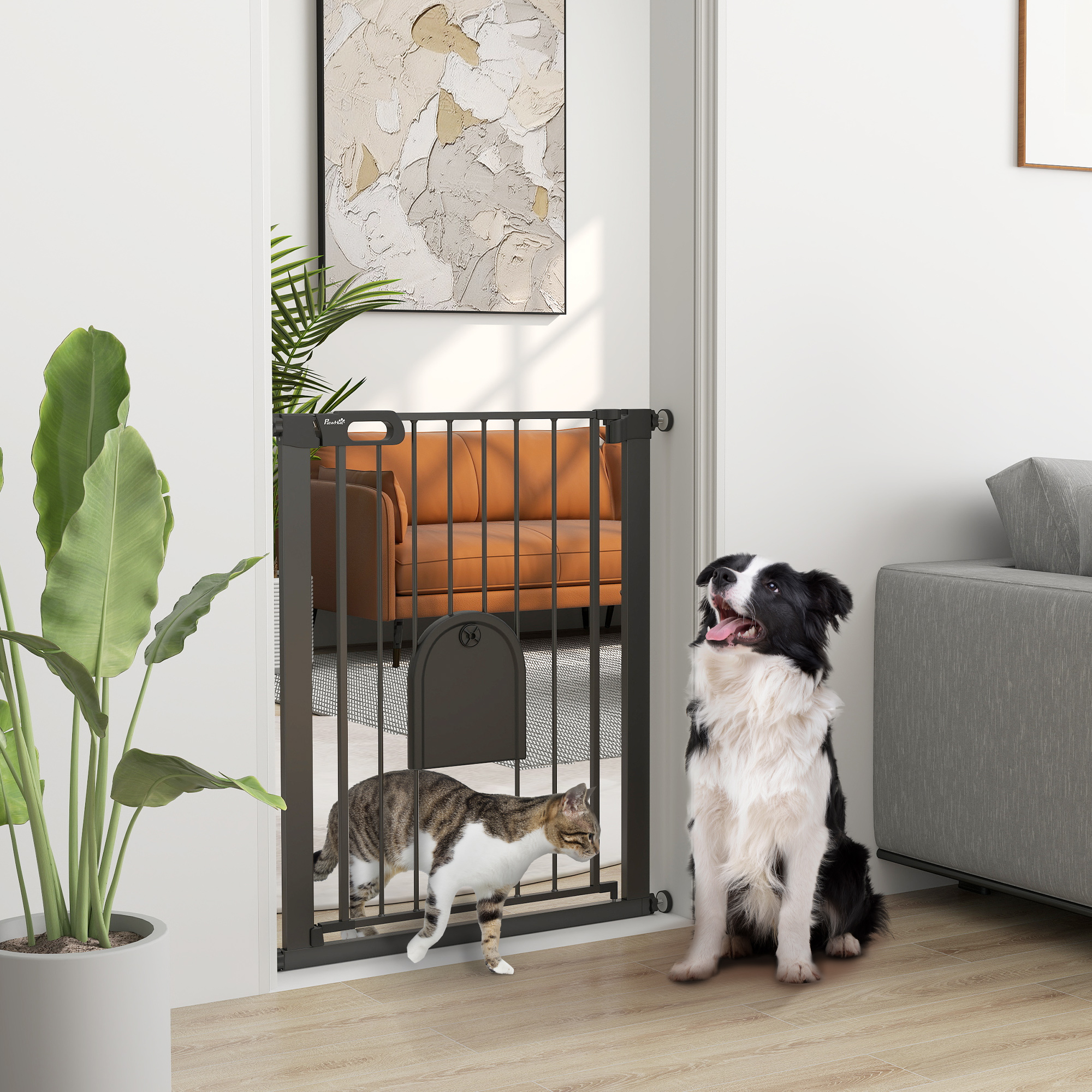 PawHut 30"-32" Extra Wide Pet Gate Barrier with Small Door, 35"H Dog Gate with Safety Gate Barrier, Stair Pressure Fit, Black Aosom Canada