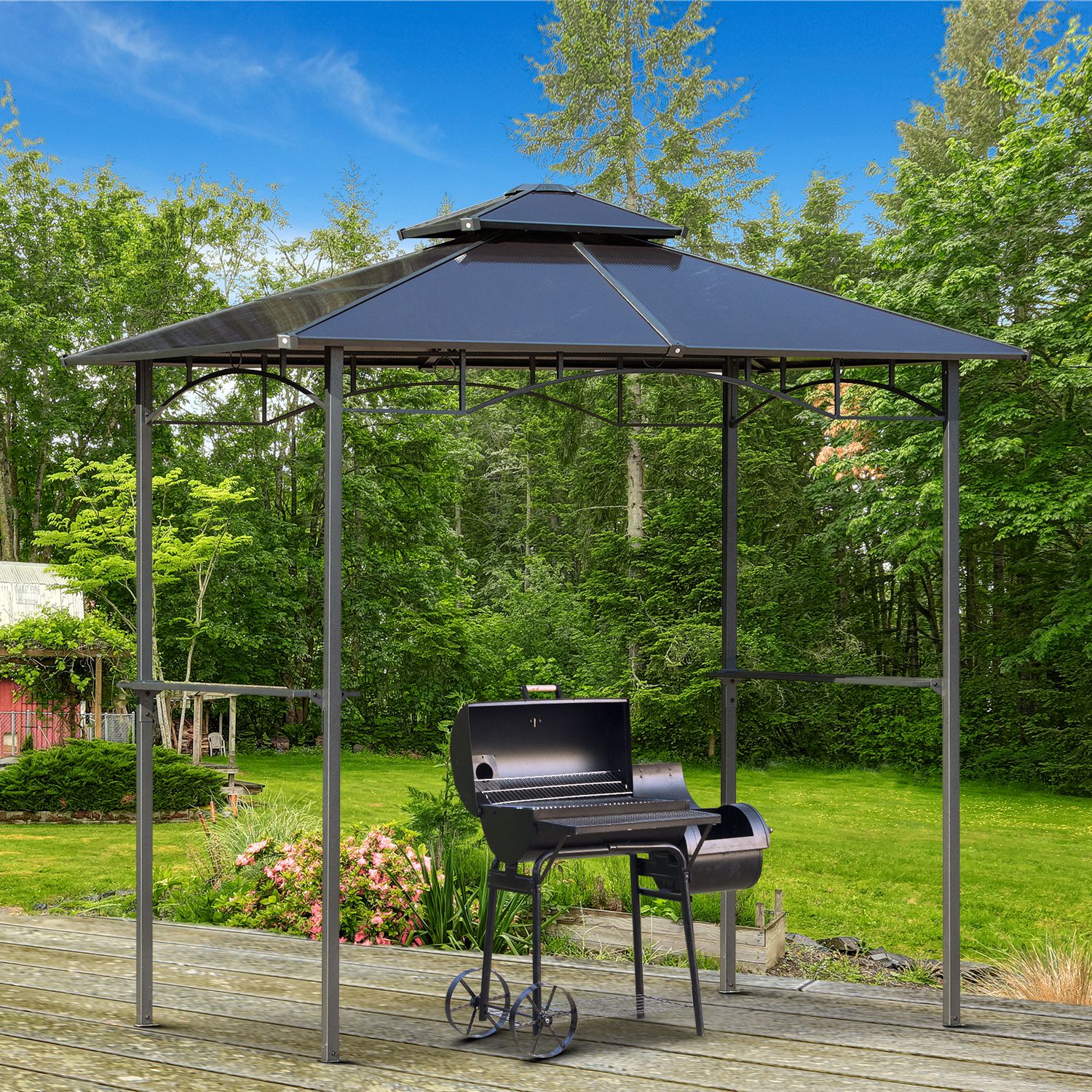 Outsunny 8' x 5' Barbecue Grill Gazebo Tent Outdoor BBQ Canopy with Side Shelves Double Layer PC Roof Aluminium Aosom Canada