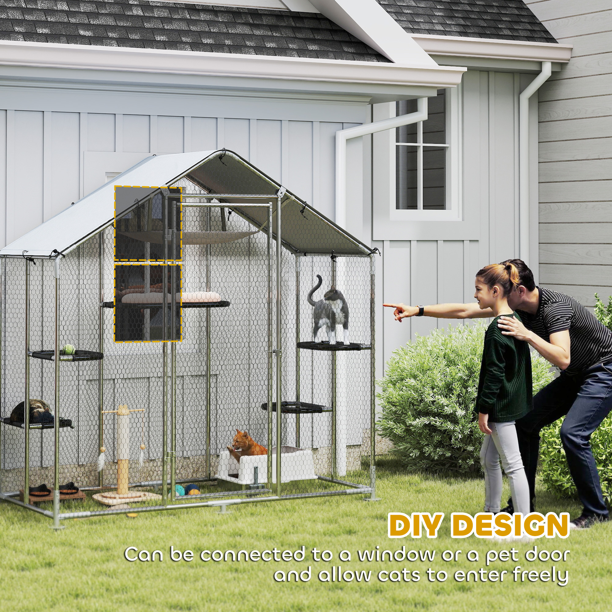 PawHut Large Catio Outdoor Cat Enclosure with Waterproof Cover, Walk-in Cat Patio w/ 5 Adjustable Platforms & Hammock