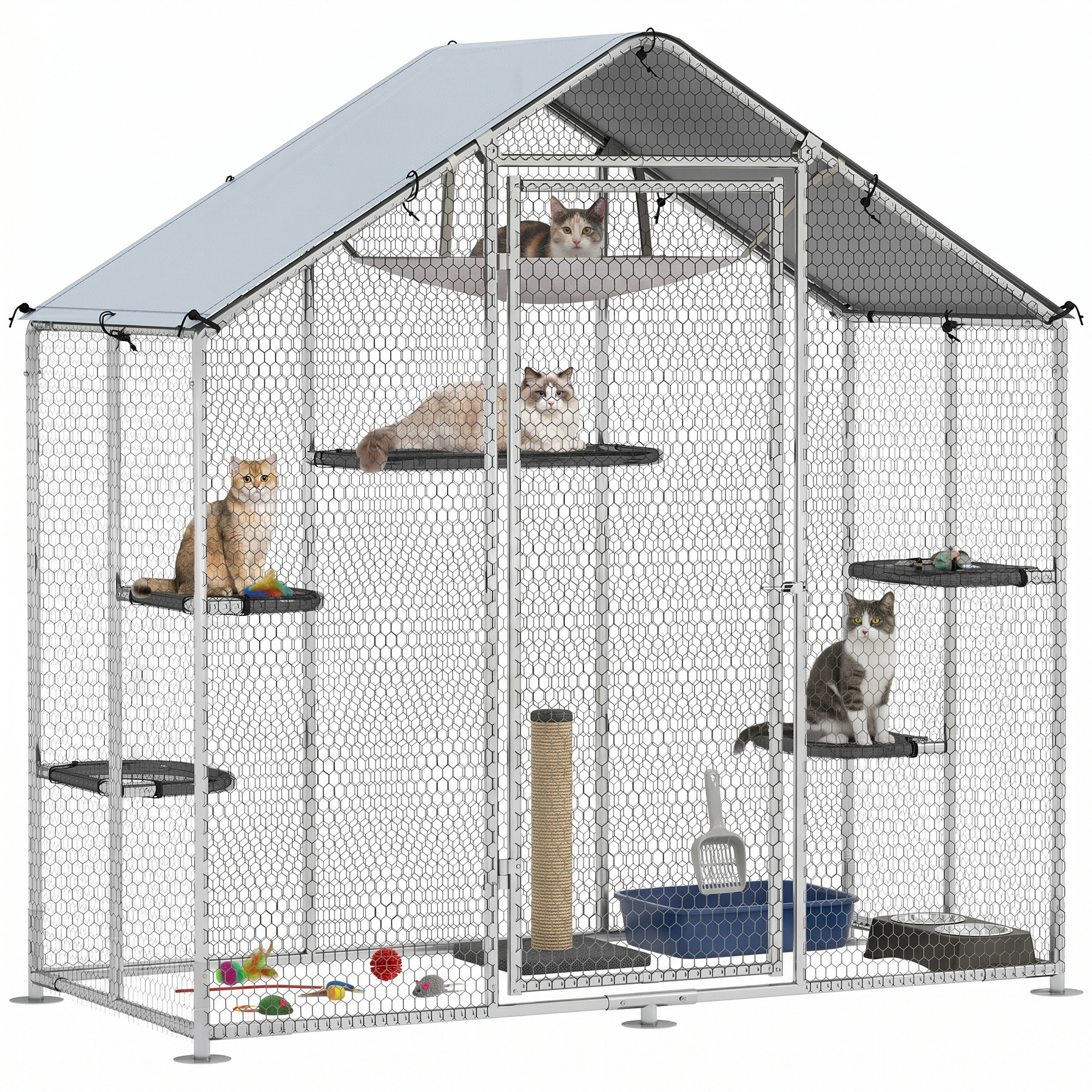 PawHut Large Catio Outdoor Cat Enclosure with Waterproof Cover, Walk-in Cat Patio w/ 5 Adjustable Platforms & Hammock