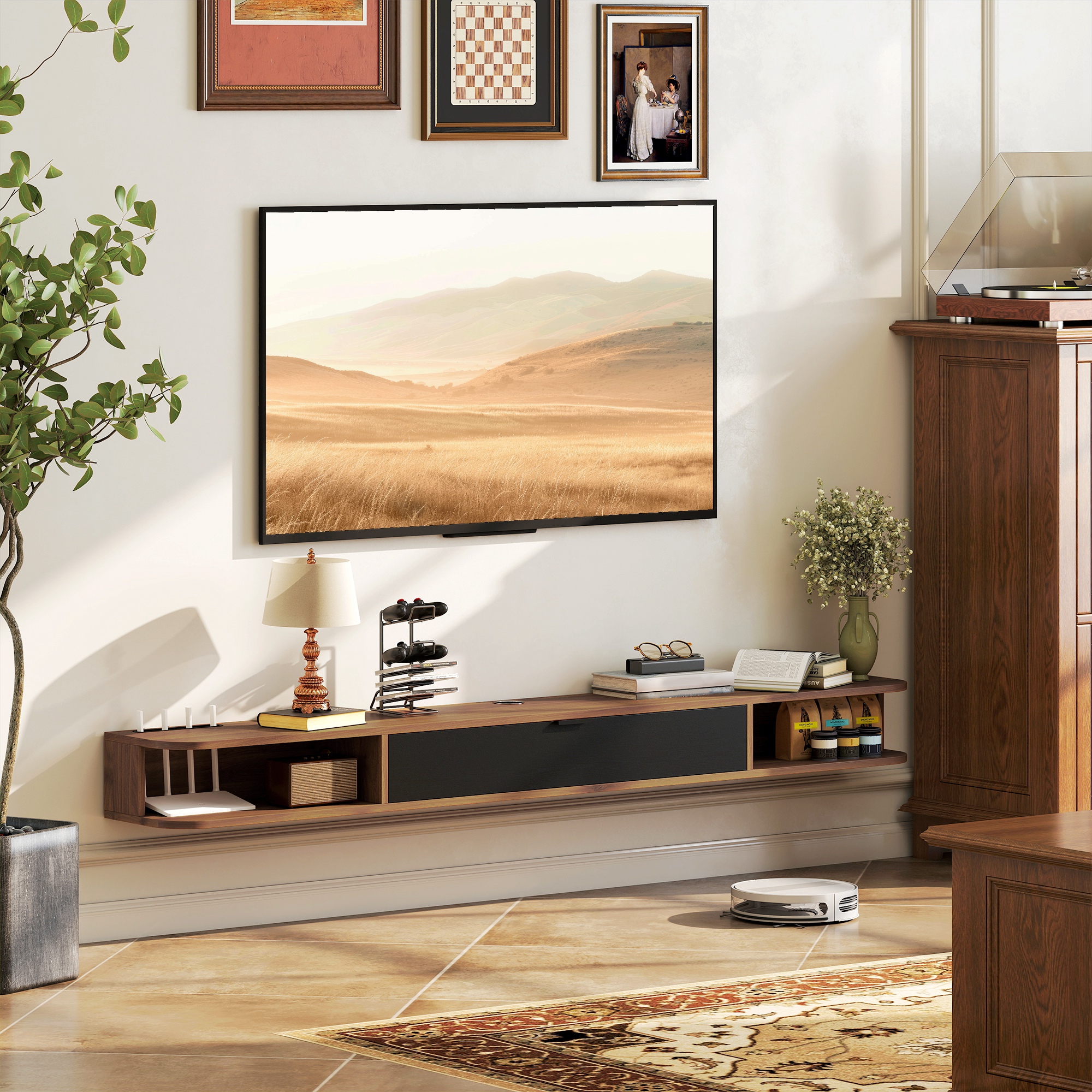HOMCOM 71" Floating TV Stand for TVs up to 75 Inch, Wall Mounted Media Console with Flip Drawer and 2 Open Shelves, Walnut Aosom Canada