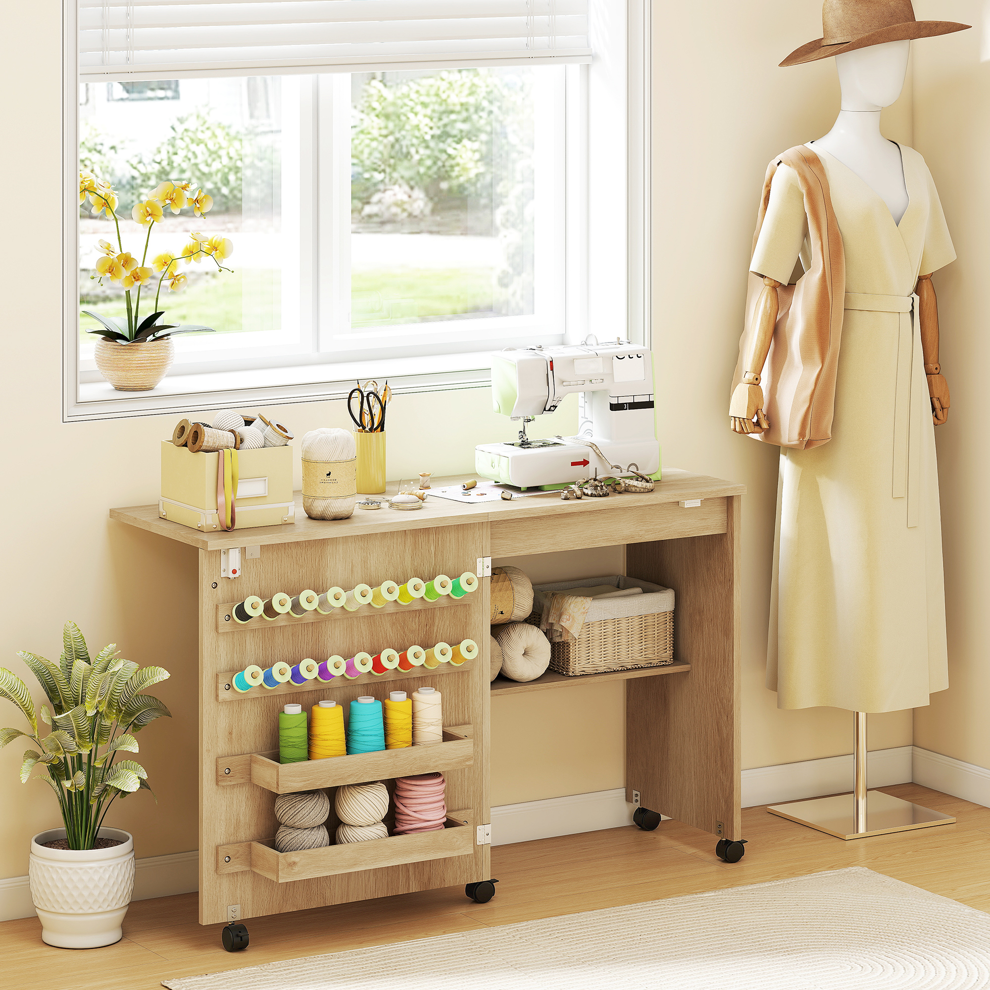 HOMCOM Sewing Machine Table on Wheels, Folding Craft Table with 2 Bins, Storage Shelf, 18 Pegs, Lockable Wheels, Natural Aosom Canada