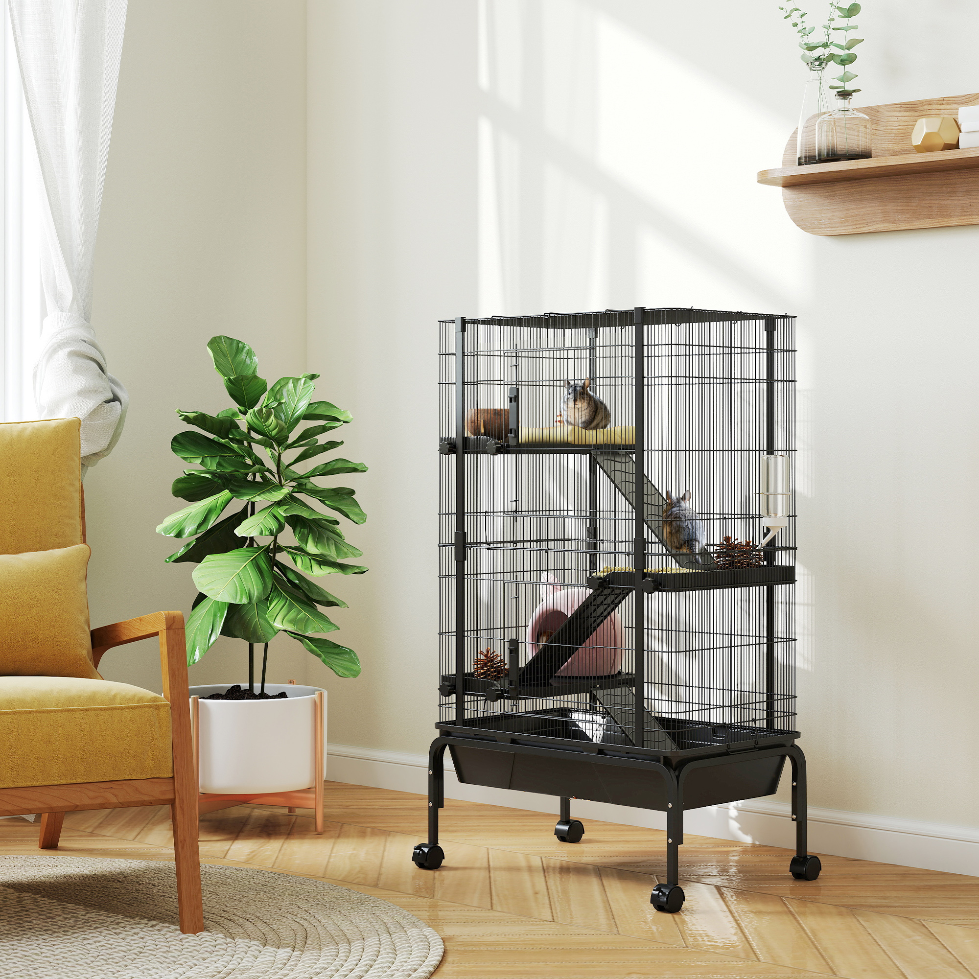 PawHut 47"H Ferret Cage, Large 4-Tier Guinea Pig Cage with Wheels, Ramps, Bowl, Water Bottle & Removable Tray, Black Aosom Canada