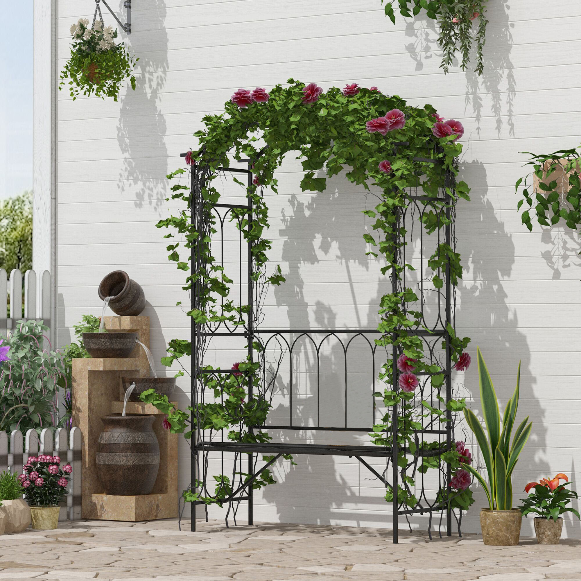 Outsunny 80" Fairy Garden Arbor Arch with Bench Metal Outdoor Plant Climbing Support Trellis with 2 Seater Bench for Rose Vines Black Aosom Canada