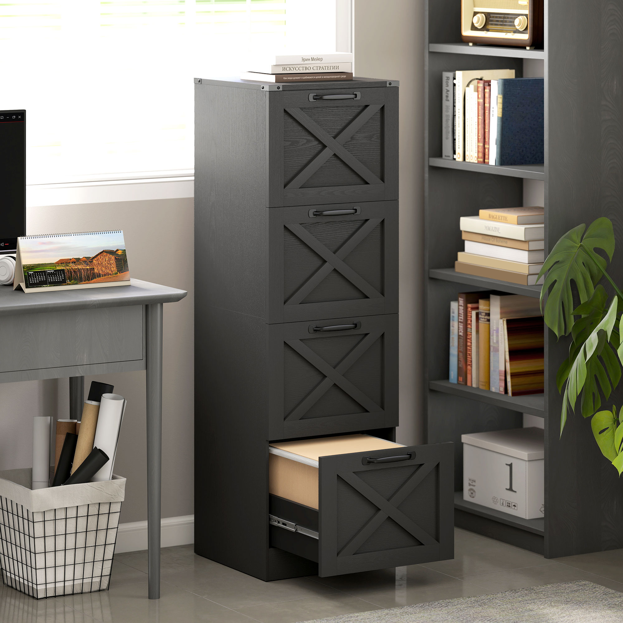 HOMCOM 4 Drawer File Cabinet with Silent Slides, Vertical Farmhouse Filing Cabinet Fits Letter/A4 Size Home Office, Black Aosom Canada