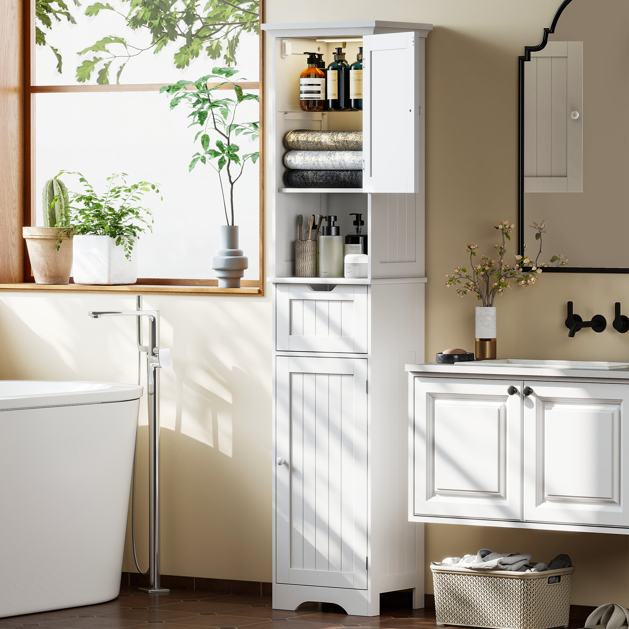 HOMCOM 67" Tall Bathroom Storage Cabinet, Narrow Bathroom Cabinet with LED Light, Adjustable Shelf, Open Compartment, Drawer Aosom Canada