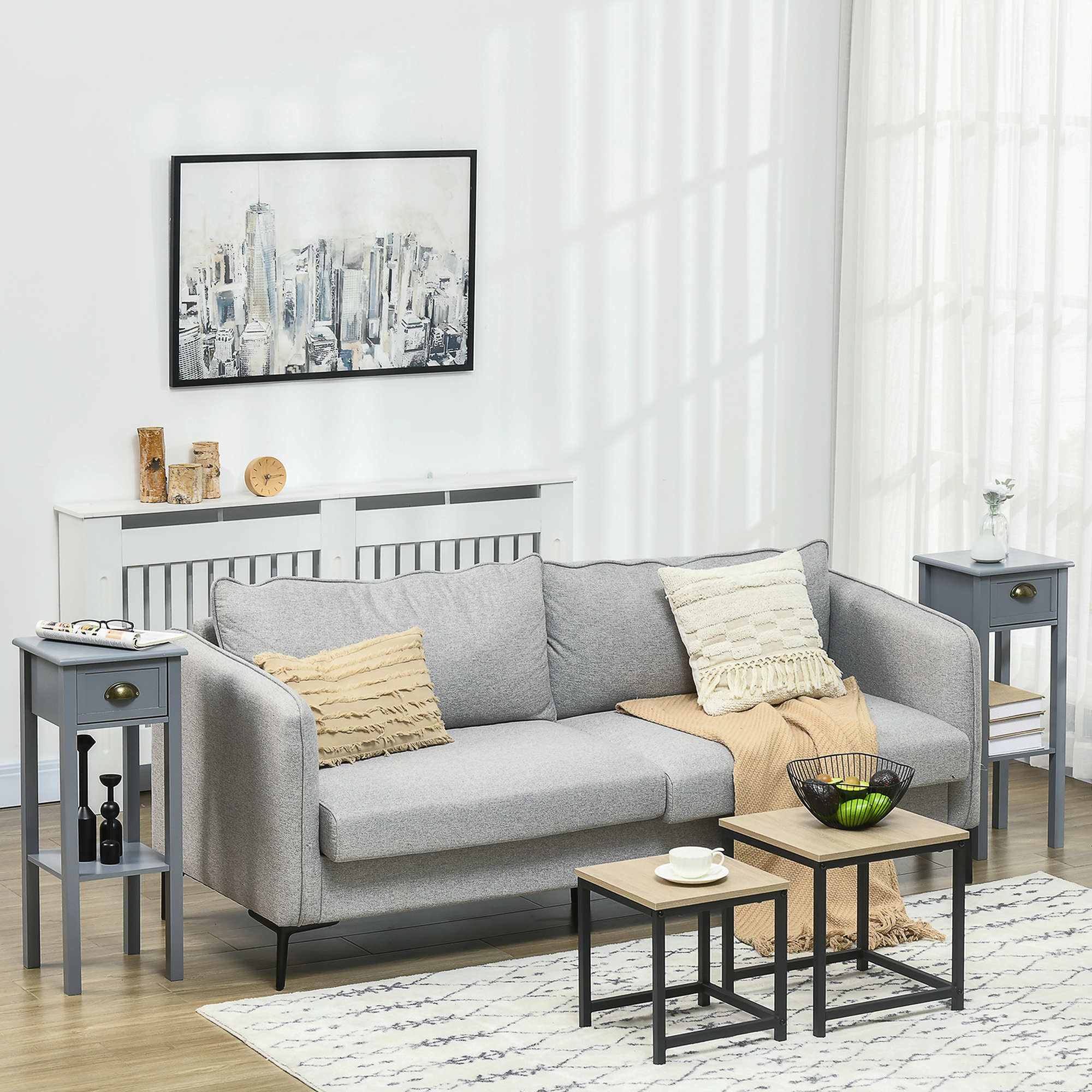 HOMCOM Narrow End Table Set of 2 with Drawer and Shelf, Nightstand with Drawers for Living room, Gray Aosom Canada