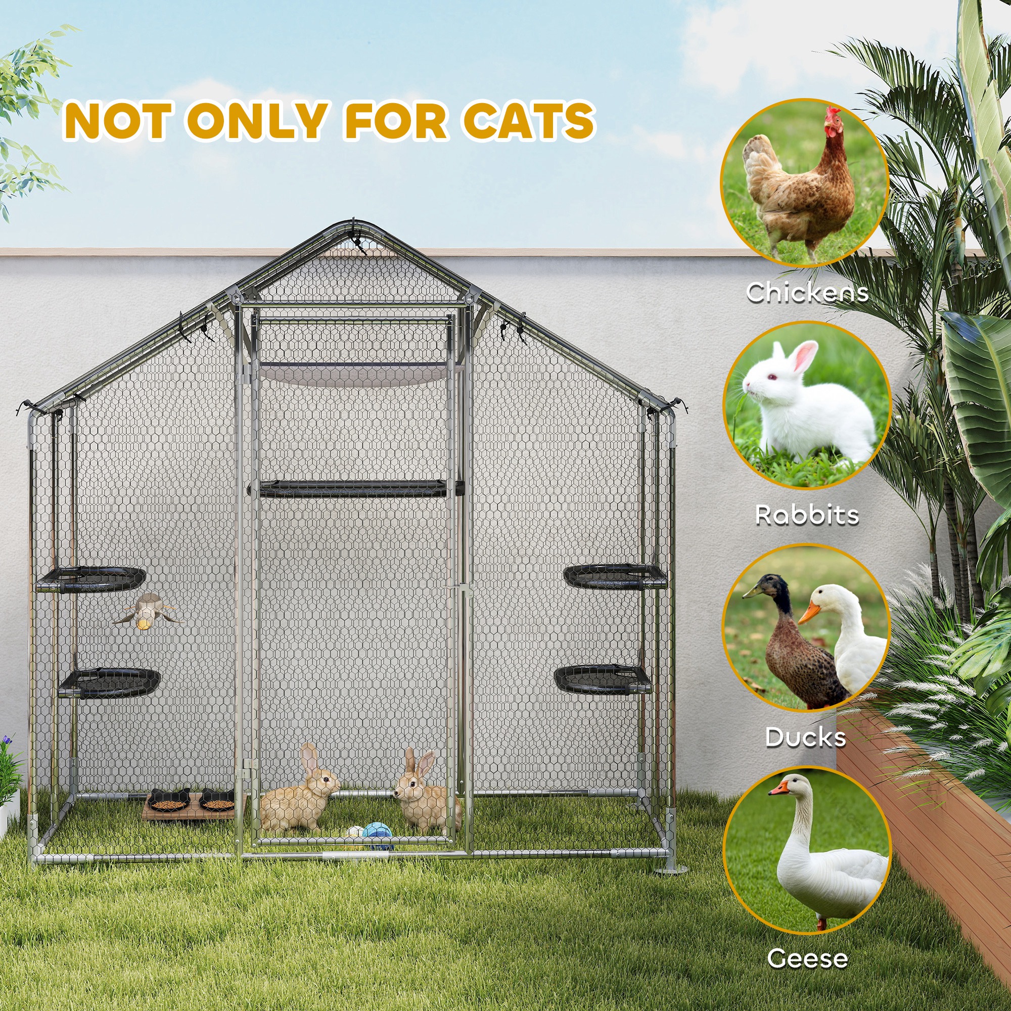 PawHut Large Catio Outdoor Cat Enclosure with Waterproof Cover, Walk-in Cat Patio w/ 5 Adjustable Platforms & Hammock