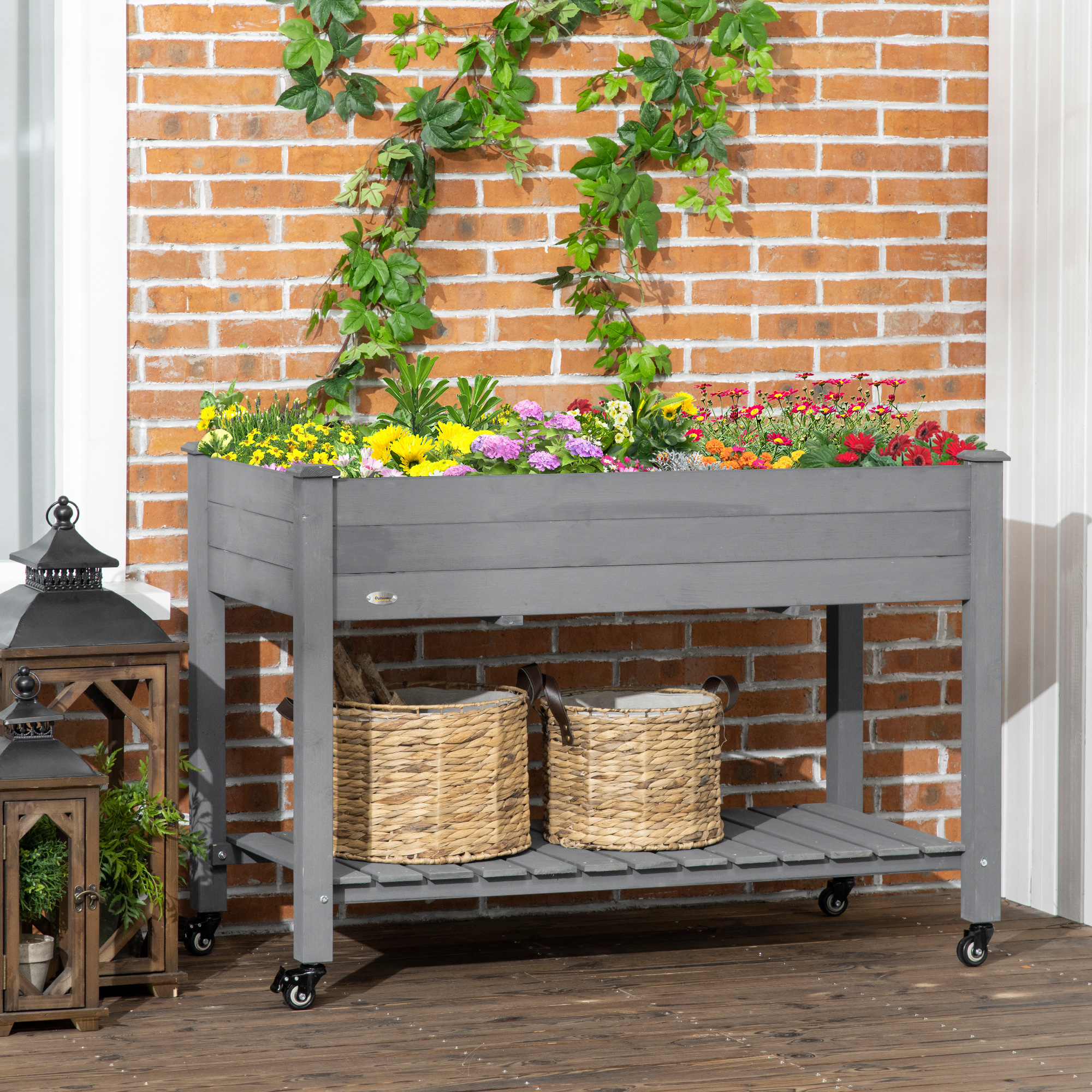 Outsunny Elevated Mobile Garden Bed - Dark Grey Wood Planter Box with Lockable Wheels & Storage Shelf for Herbs & Vegetables Aosom Canada