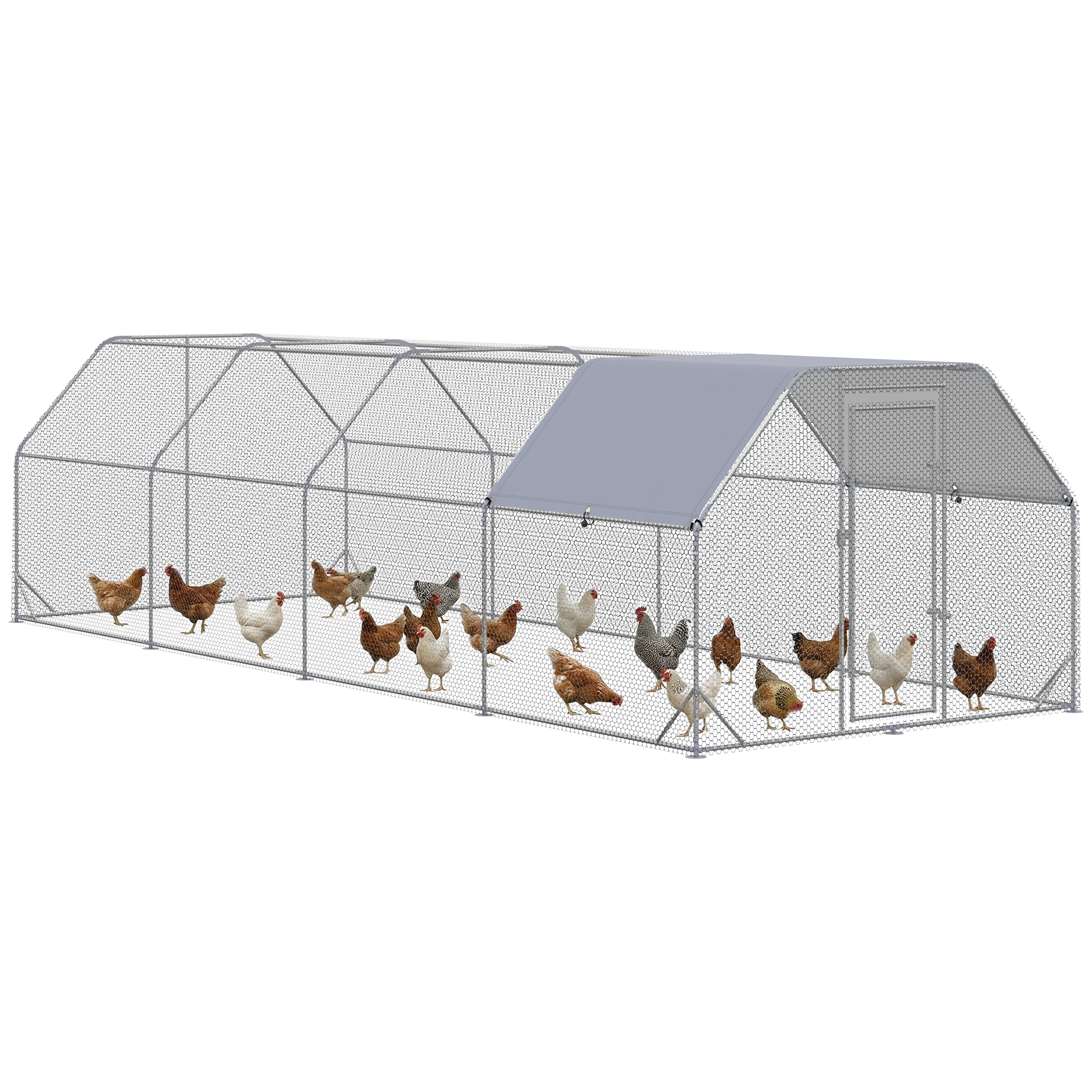 PawHut Chicken Run, 9.2' x 24.9' x 6.4' Metal with Cover, Silver | Aosom.com