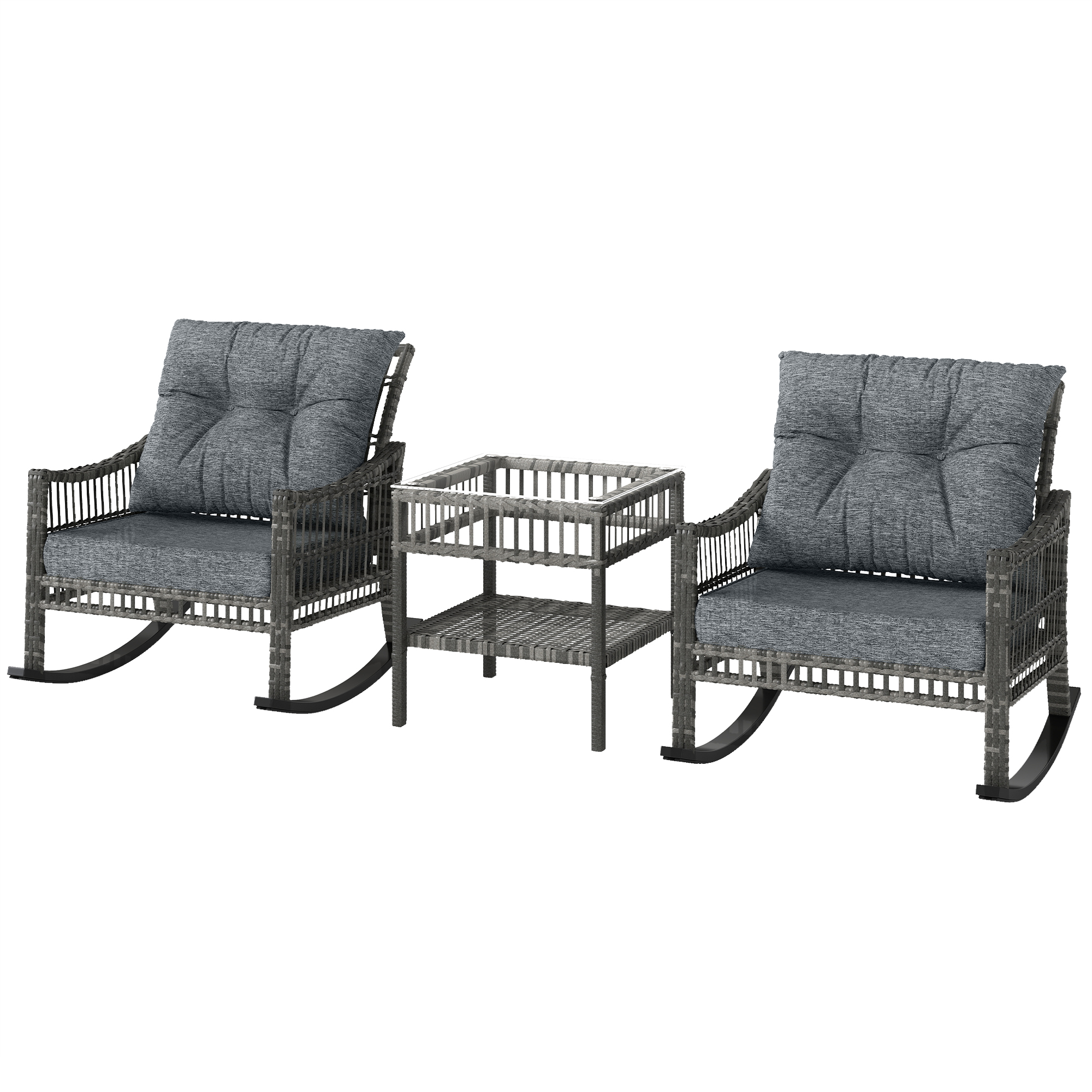 Outsunny 3 Piece Outdoor PE Rattan Rocker Chair Set, Rocking Chair with Tempered Glass Table Top, Gray
