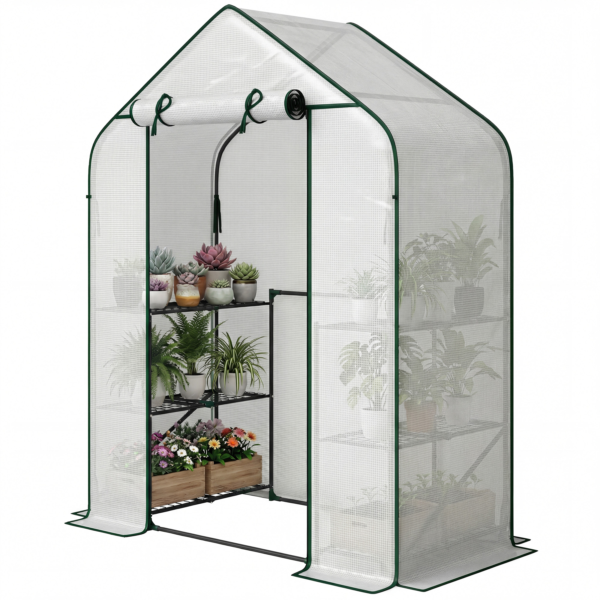 Outsunny Greenhouse for Outdoors, Portable Greenhouse with 6 Shelves, UV-resistant PE Cover, Roll-up Door, White
