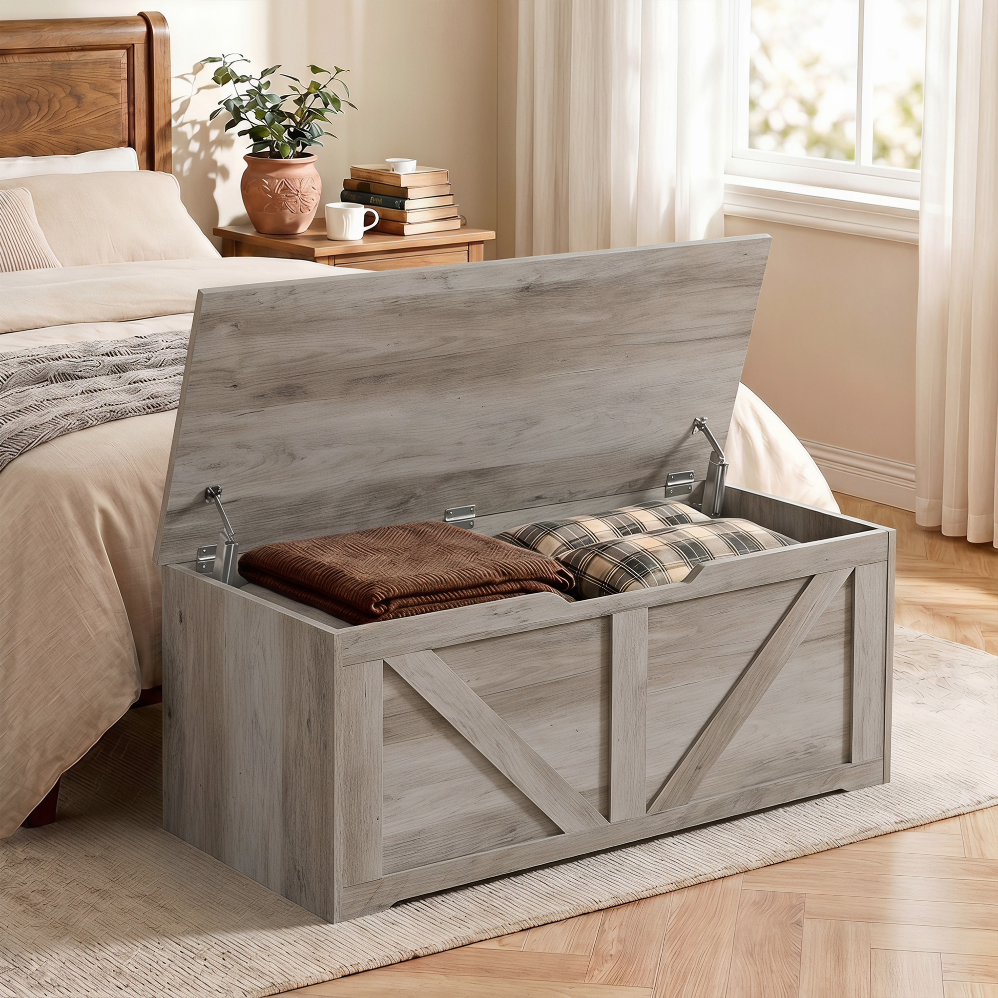HOMCOM 39.4 Inches Storage Chest, Storage Trunk with 2 Safety Hinges for Living Room, Grey Wood Grain Aosom Canada