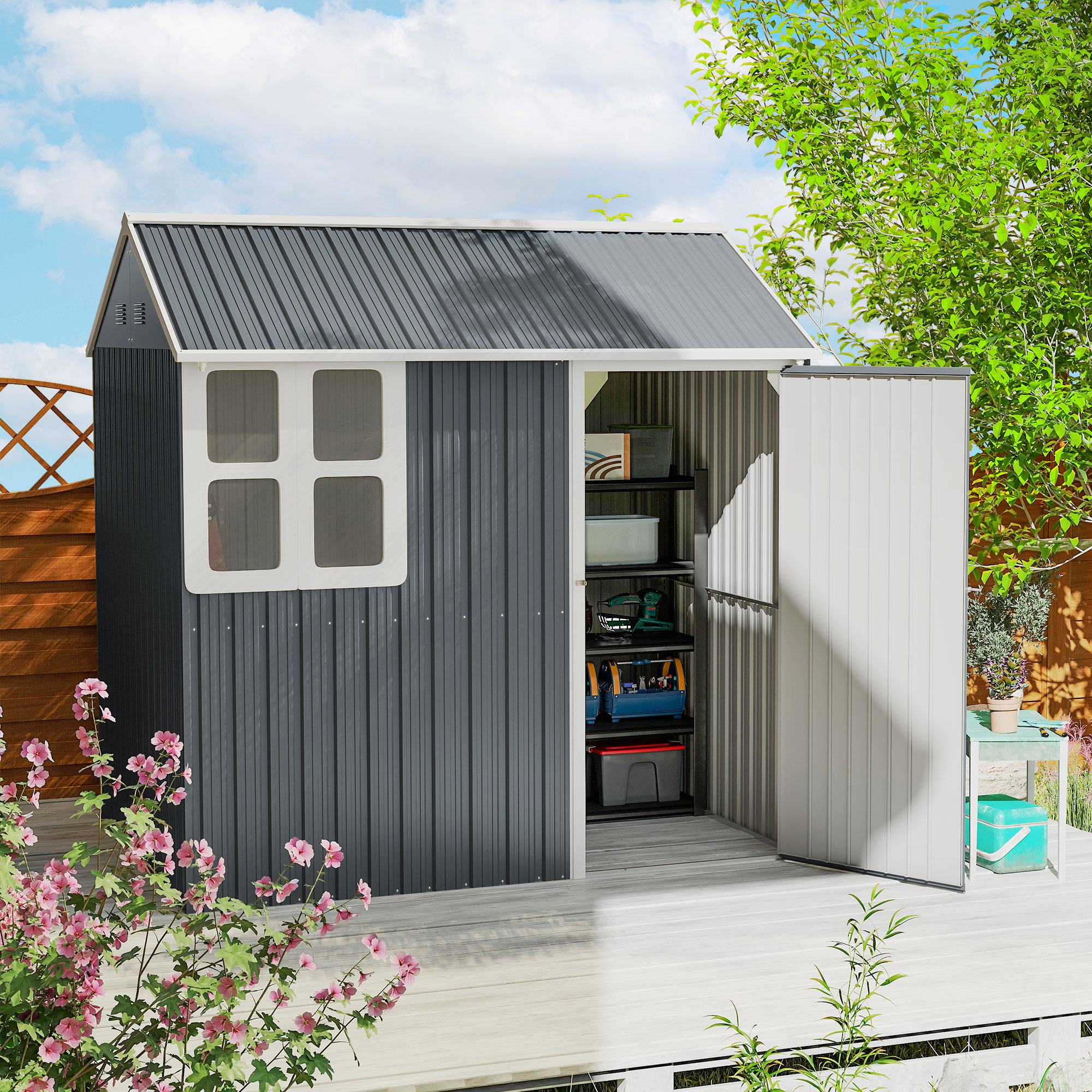 Outsunny Metal Garden Storage Shed 7' x 5.5' Outdoor Tool House Lockable Door Vents Sloped Roof Dark Grey Aosom Canada