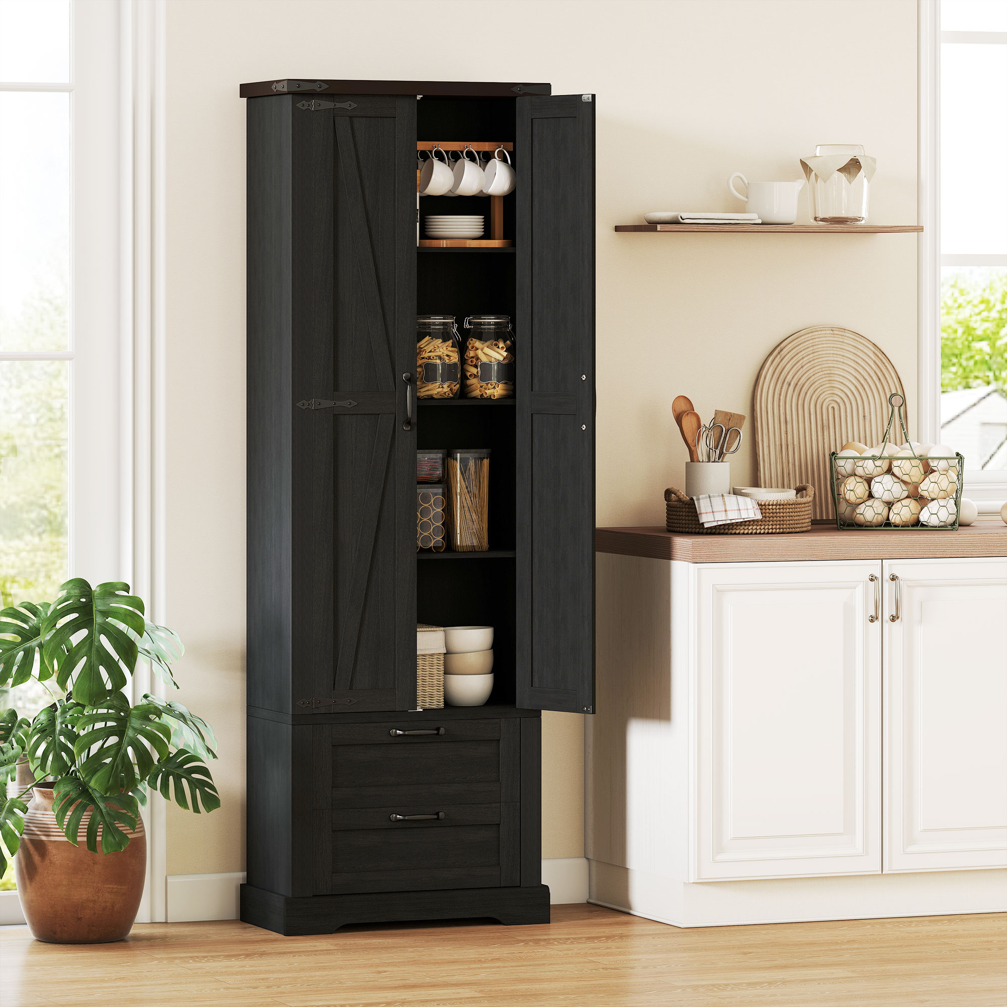 HOMCOM 71" Tall Kitchen Pantry Cabinet, Farmhouse Kitchen Storage Cabinet with Soft-Close Drawer and Adjustable Shelves, Black Aosom Canada