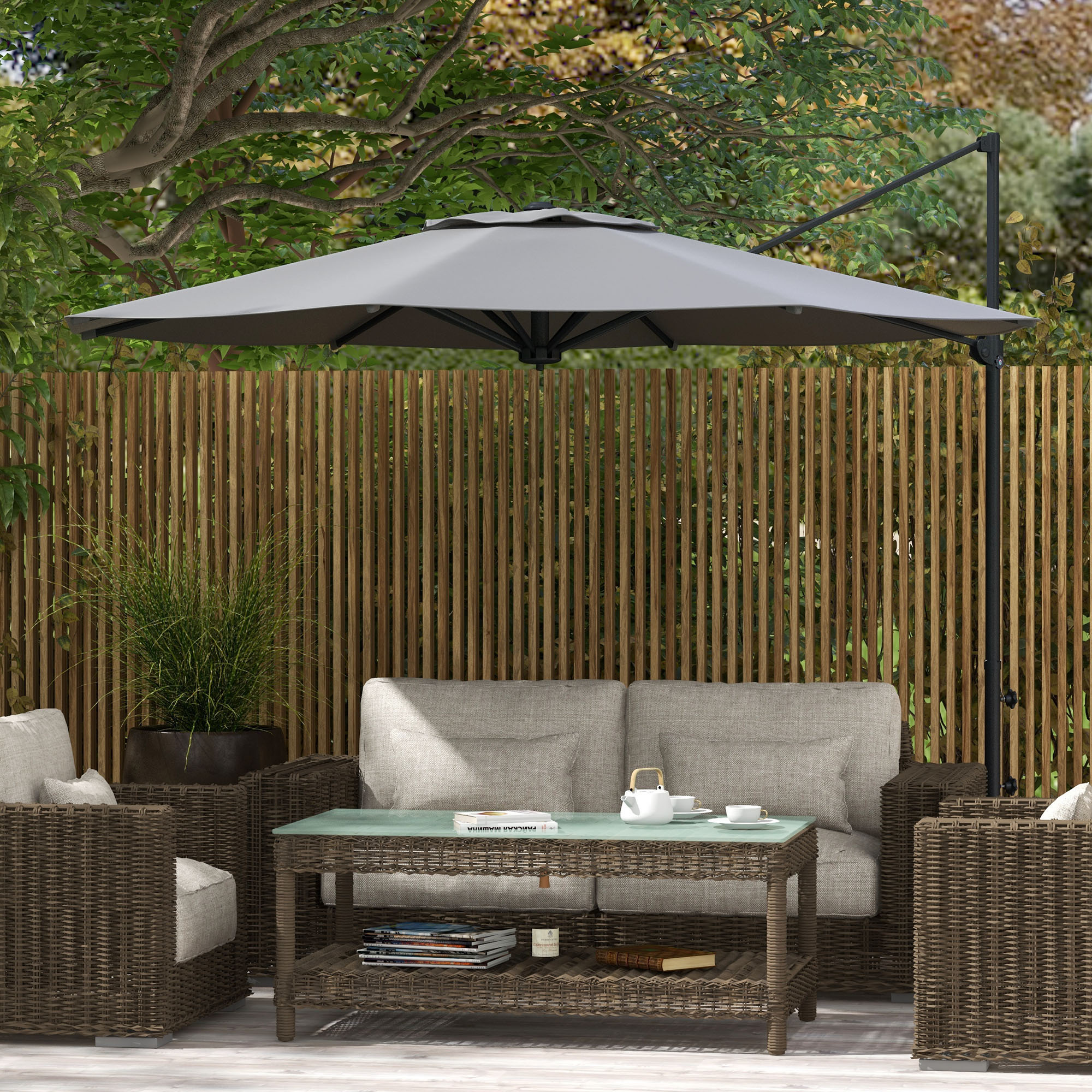 Outsunny Sunshade Sanctuary: 10FT Offset Cantilever Umbrella with 360° Rotating Aluminum Frame, Crank Lift 8 Ribs Cross Base Grey Aosom Canada