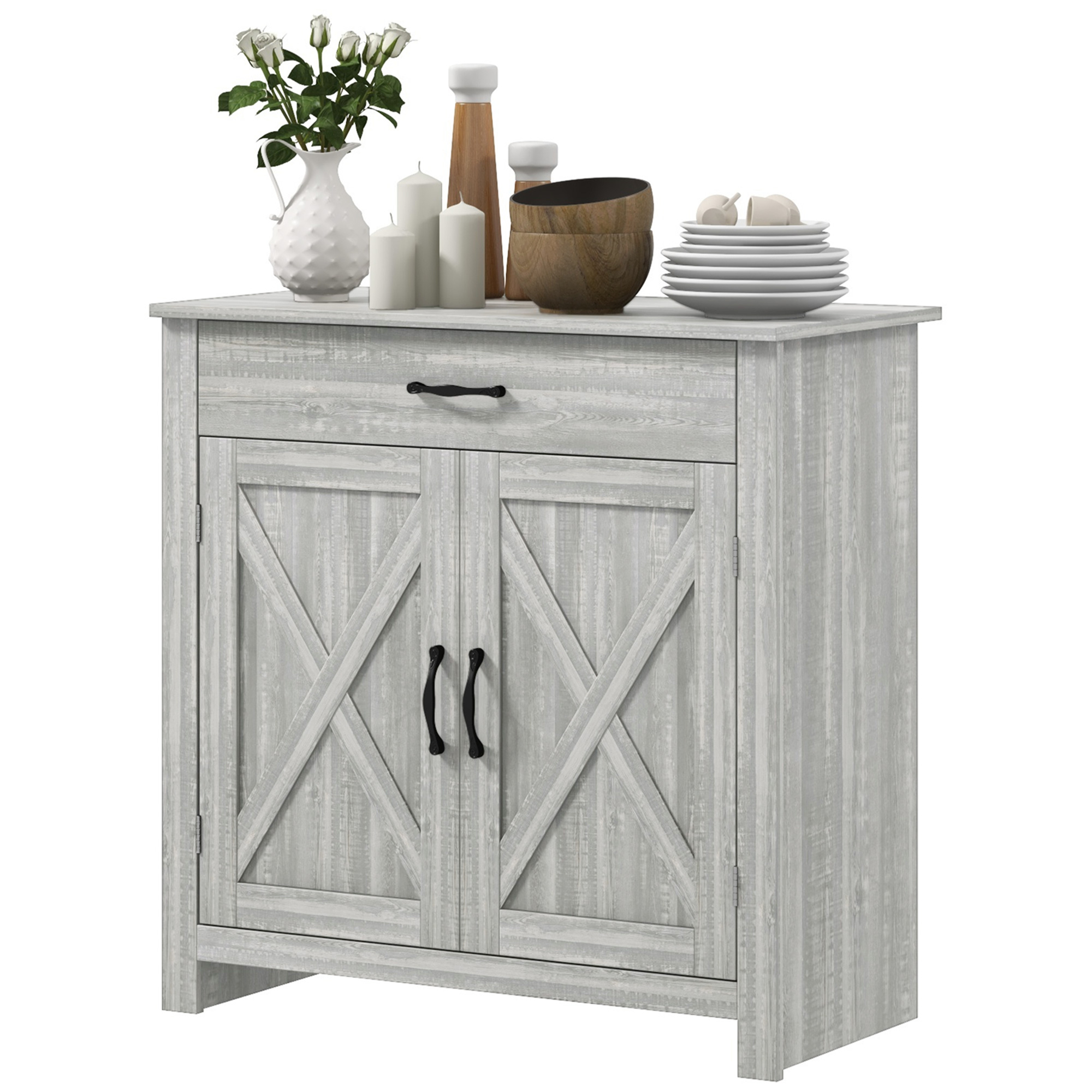 HOMCOM Farmhouse Sideboard Cabinet with Barn Doors Kitchen Buffet Cabinet with Drawer and Adjustable Shelf Stone Gray