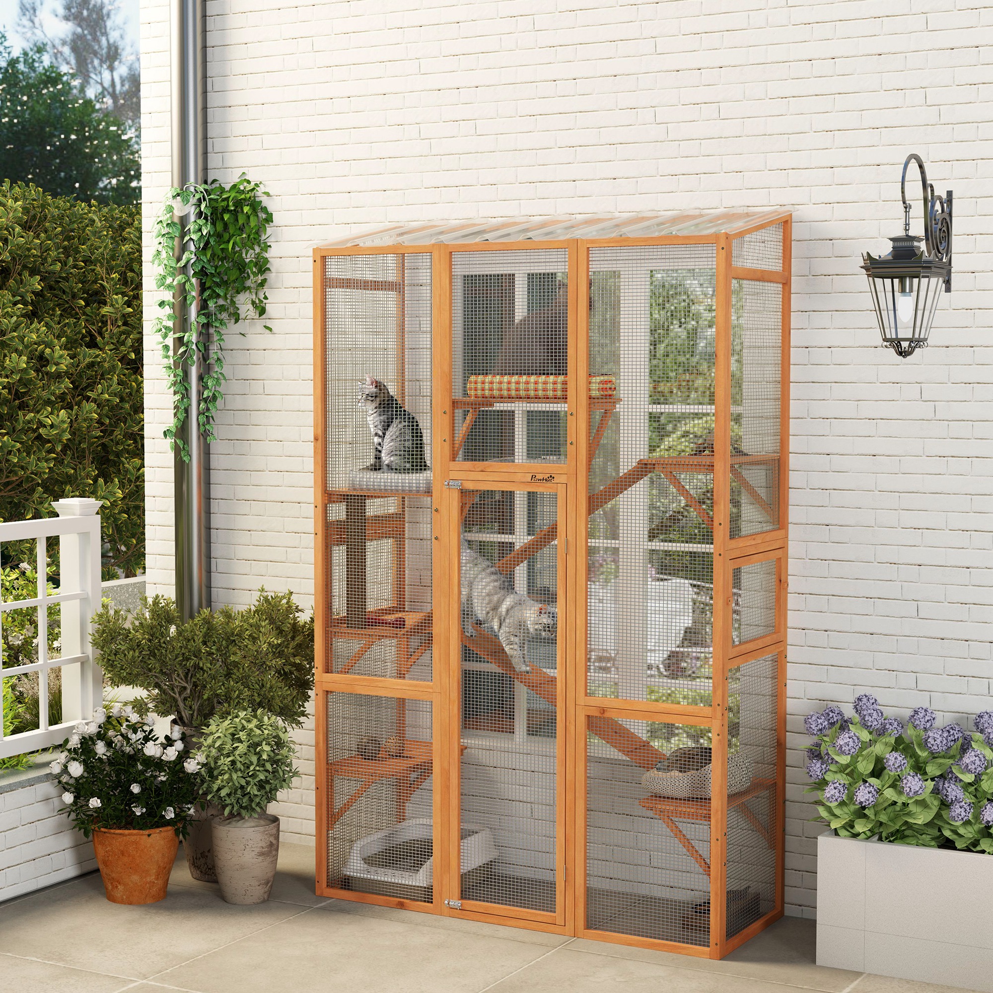 PawHut Wooden Catio Outdoor Cat Enclosure with 6 Jumping Platforms, Scratching Post, 2 Ramps, Waterproof Roof, for 2-3 Kittens Aosom Canada