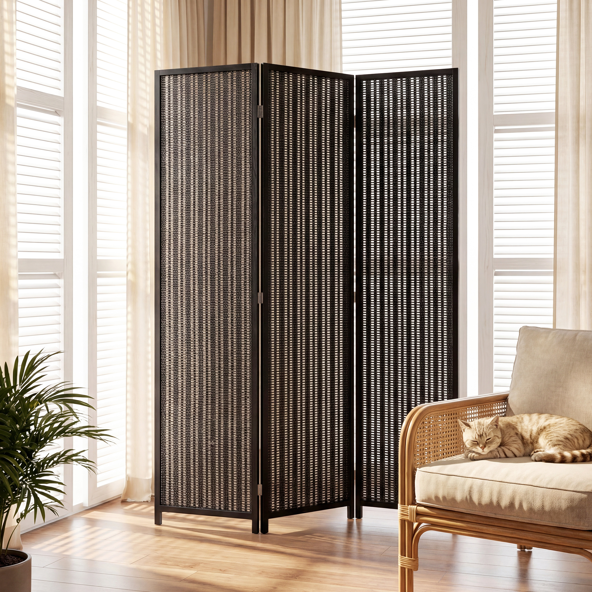 HOMCOM Folding Privacy Screen, 3 Panel Room Divider, Freestanding Partition with Handwoven Bamboo and Pine Wood Frame, Black Aosom Canada