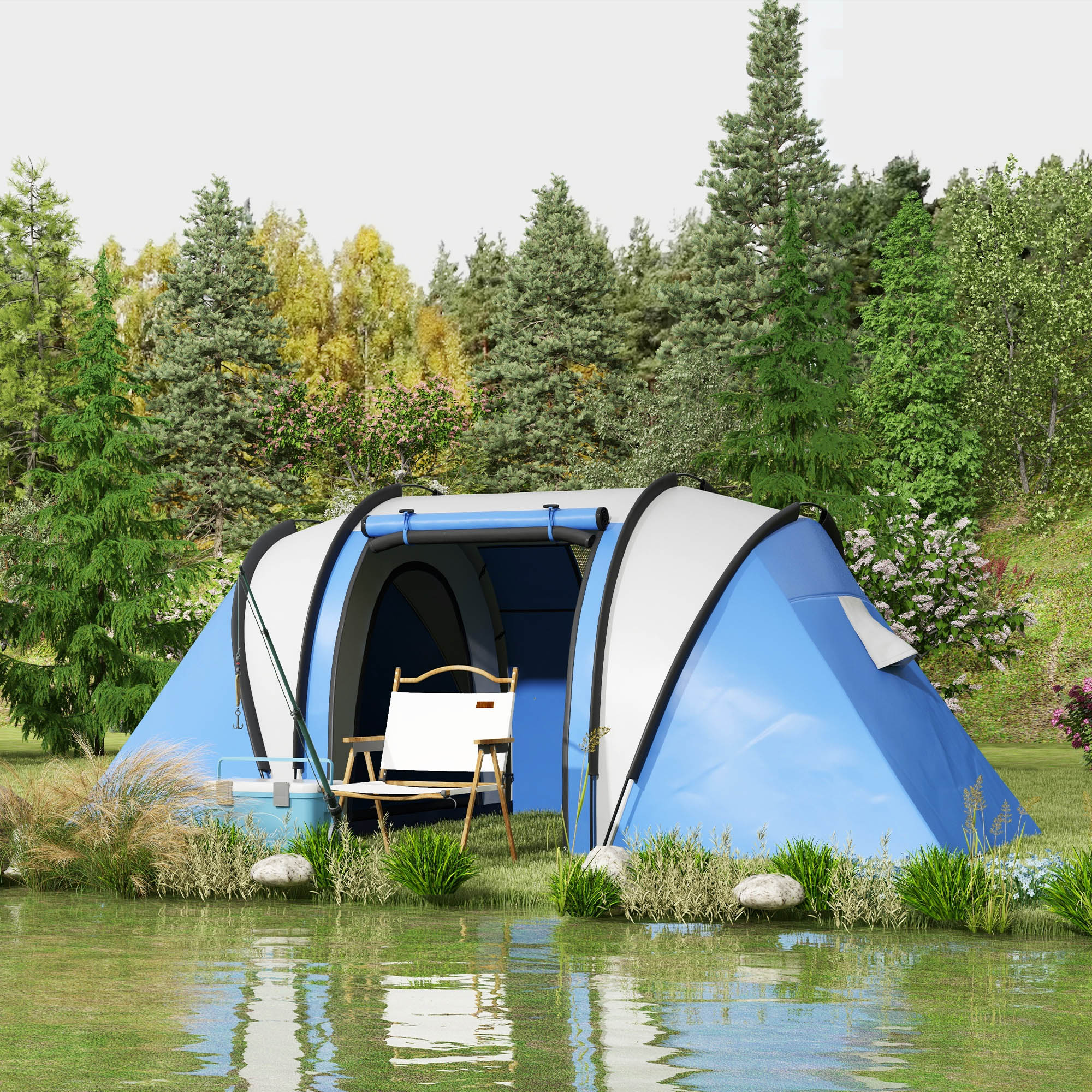 Outsunny Camping Tent with 2 Bedrooms and Living Area, 3000mm Waterproof Family Tent, for Fishing Hiking Festival, Blue | Aosom Canada