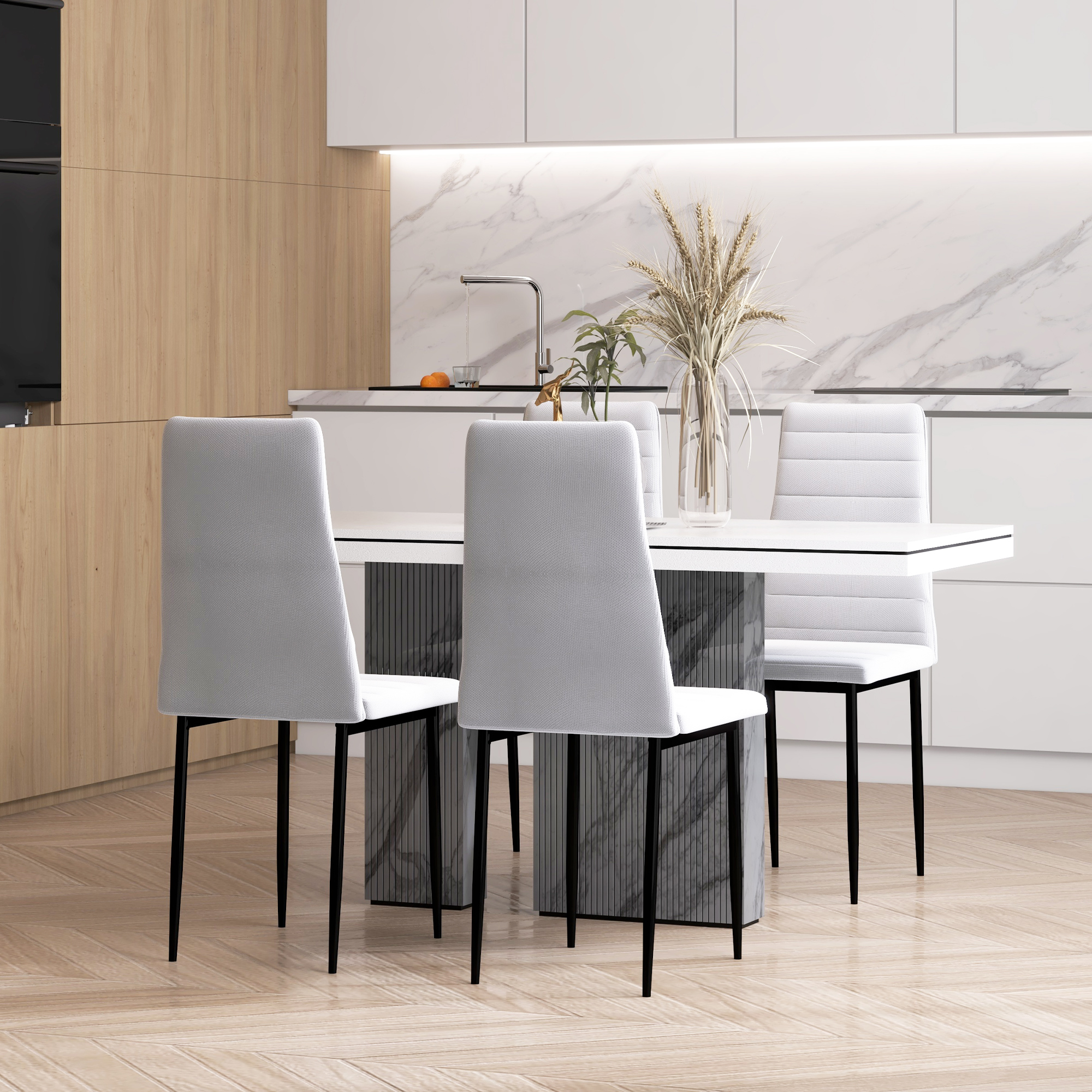 HOMCOM High Back Dining Chairs, Modern Upholstered Linen Fabric Accent Chairs with Metal Legs for Kitchen, Set of 4, White Aosom Canada