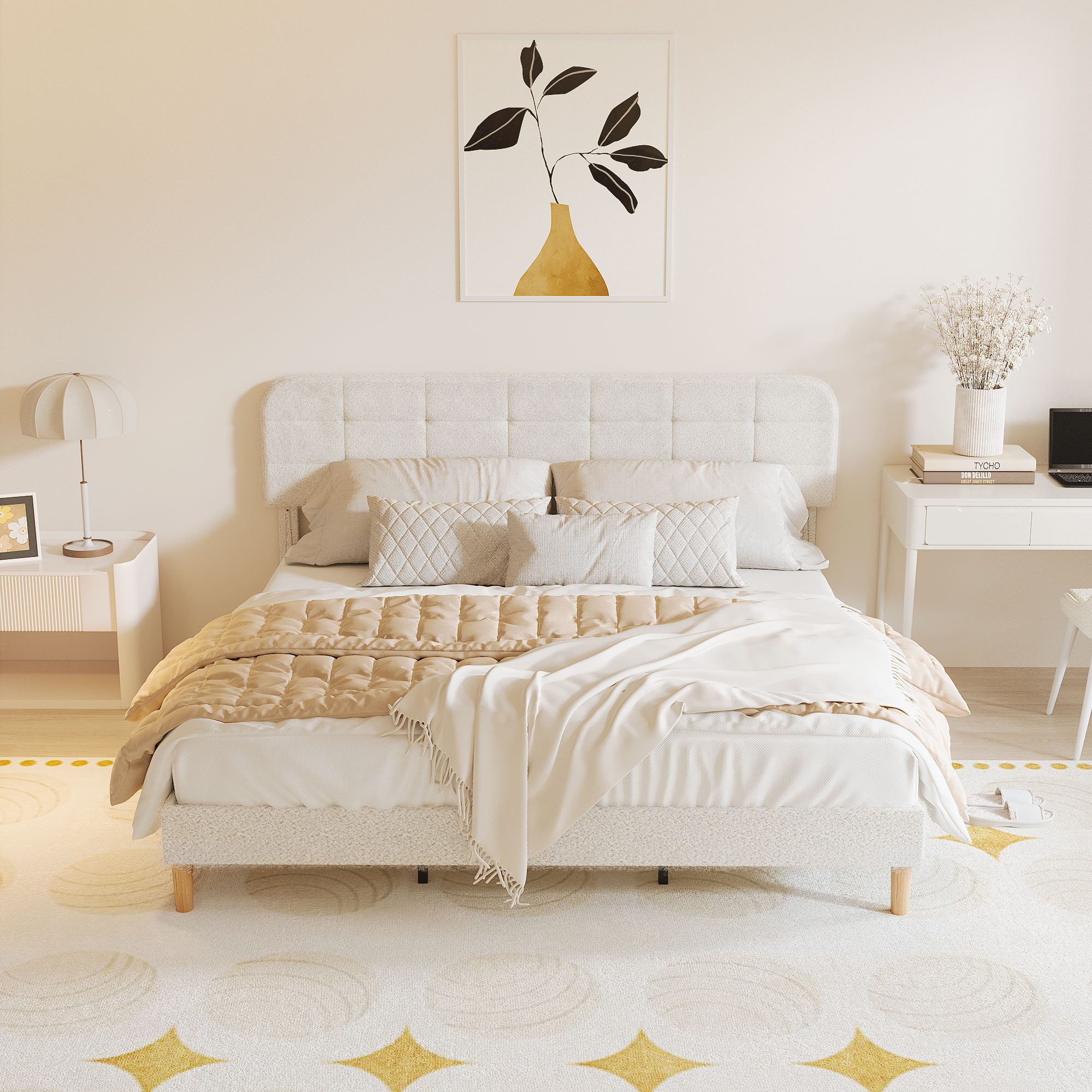 HOMCOM King Size Bed Frame with Adjustable Headboard Upholstered Platform Bed Frame with Wood Slat Support Noise Free White Aosom Canada