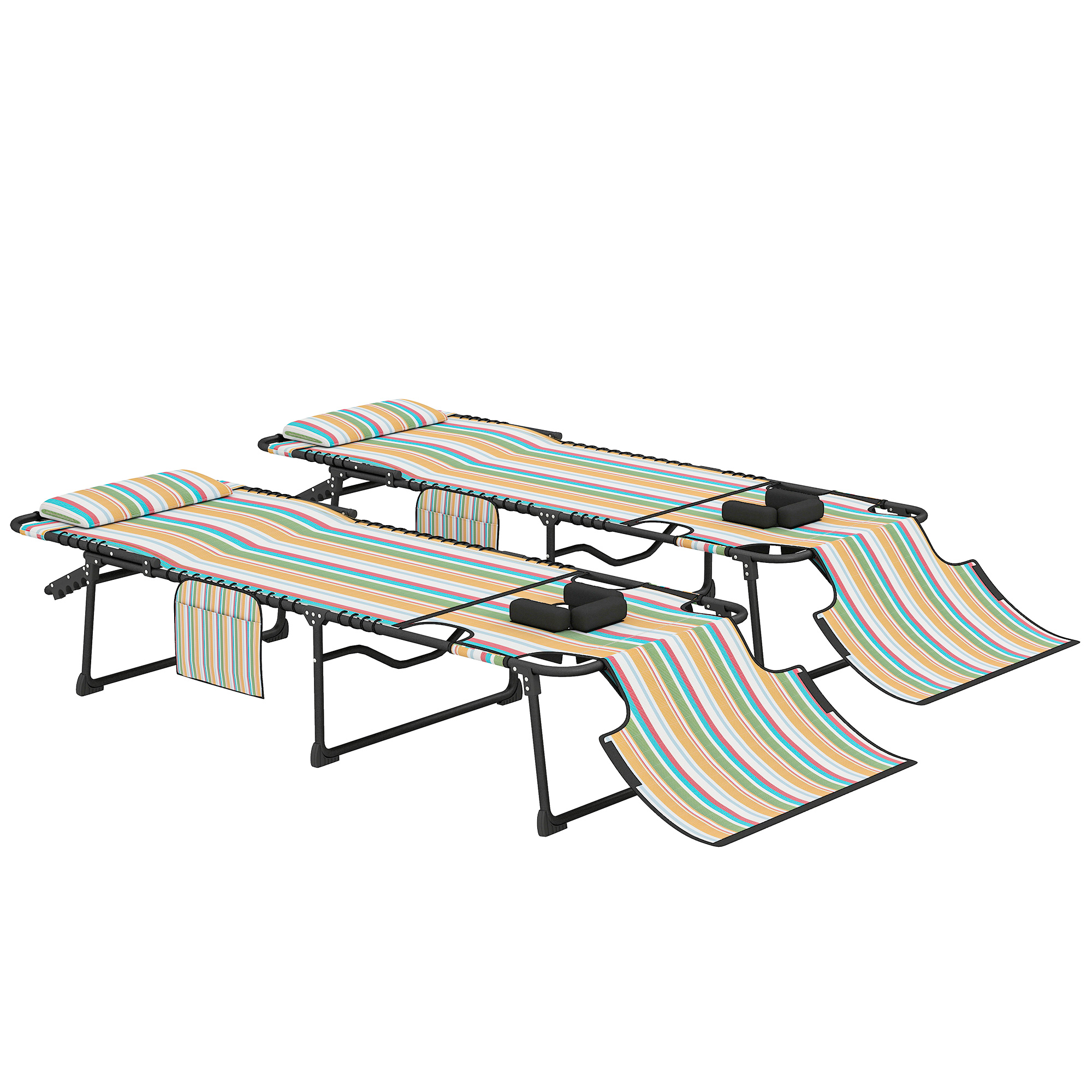 Outsunny 2 Piece Folding Chaise Lounge Pool Chairs with 5-level Reclining Back, Reading Hole, Side Pocket, Rainbow Striped