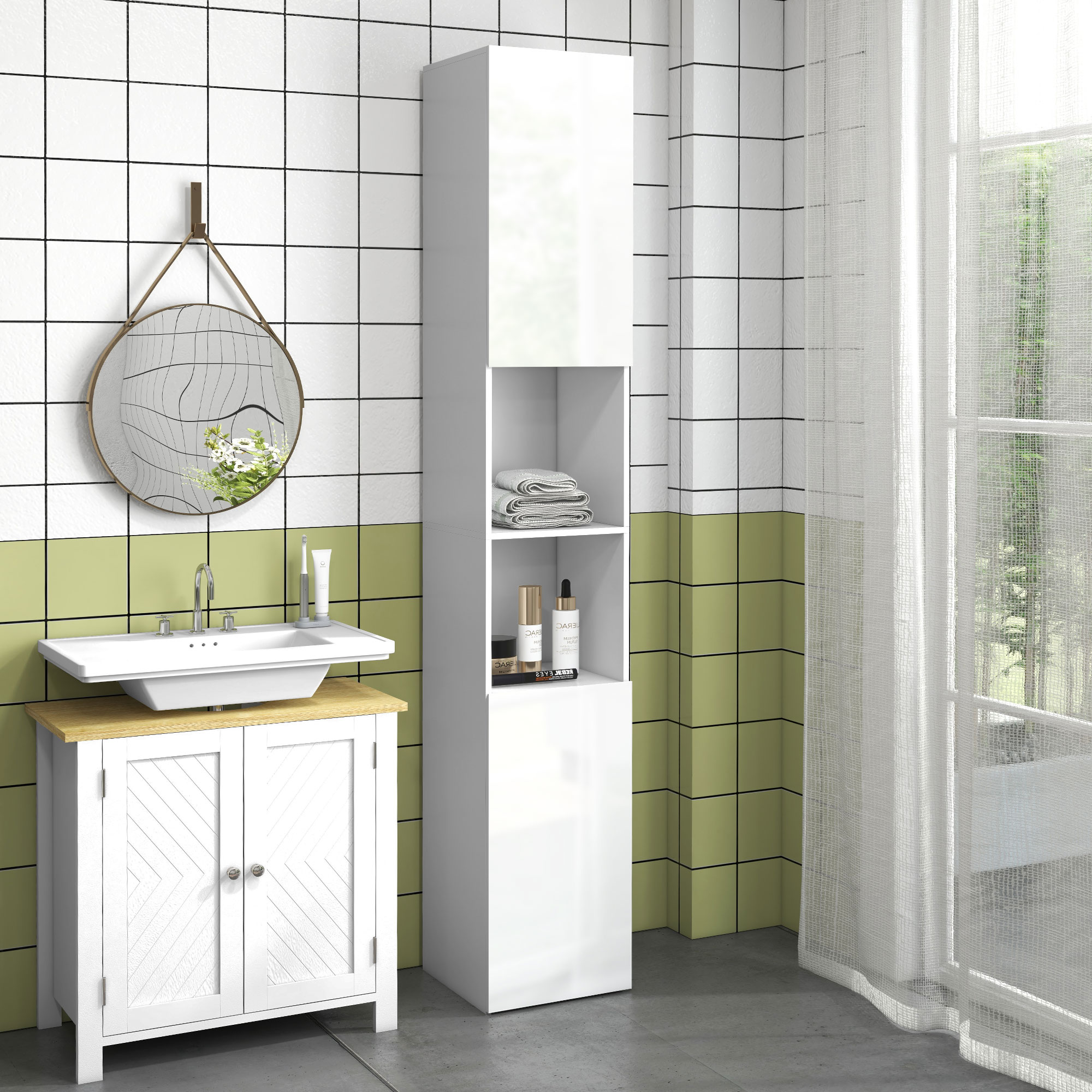 Kleankin High Gloss Tall Bathroom Cabinet Storage Unit with Doors White Adjustable Shelves 11.8" x 11.8" x 71.5" Aosom Canada