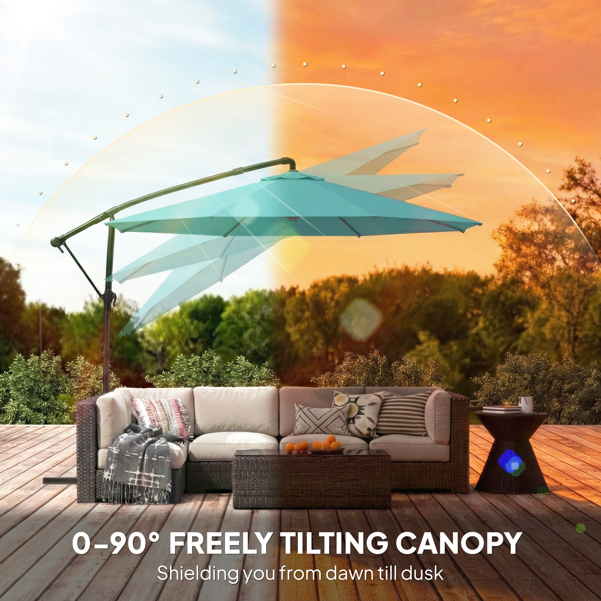 Outsunny 10 ft Offset Patio Umbrella with Cover, Hanging Cantilever Umbrella with 360° Rotation, Crank Handle, Tilt, Sky Blue