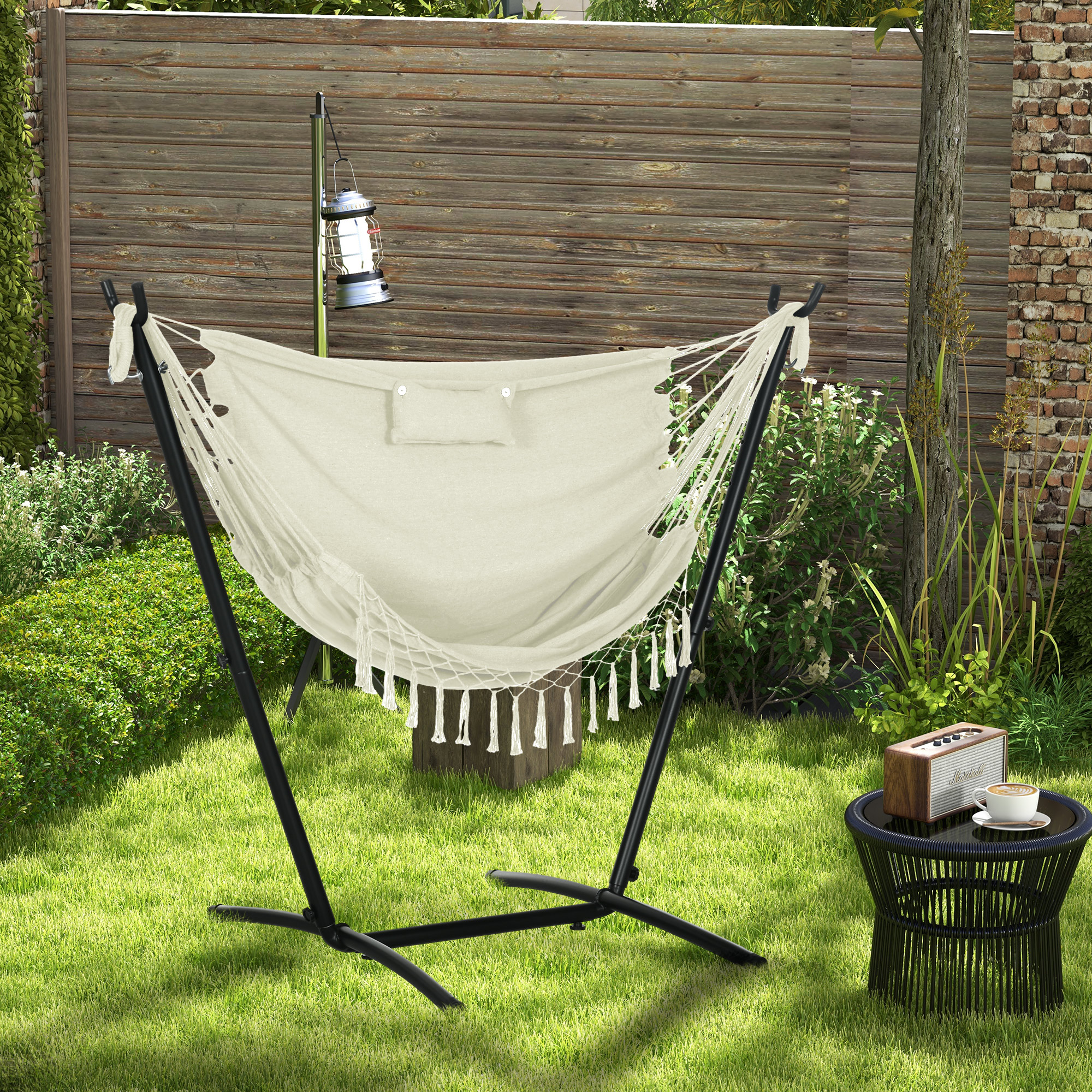 Outsunny Patio Hammock Chair with Stand, Outdoor Hammock Swing Hanging Lounge Chair with Side Pocket and Headrest, Cream Aosom Canada