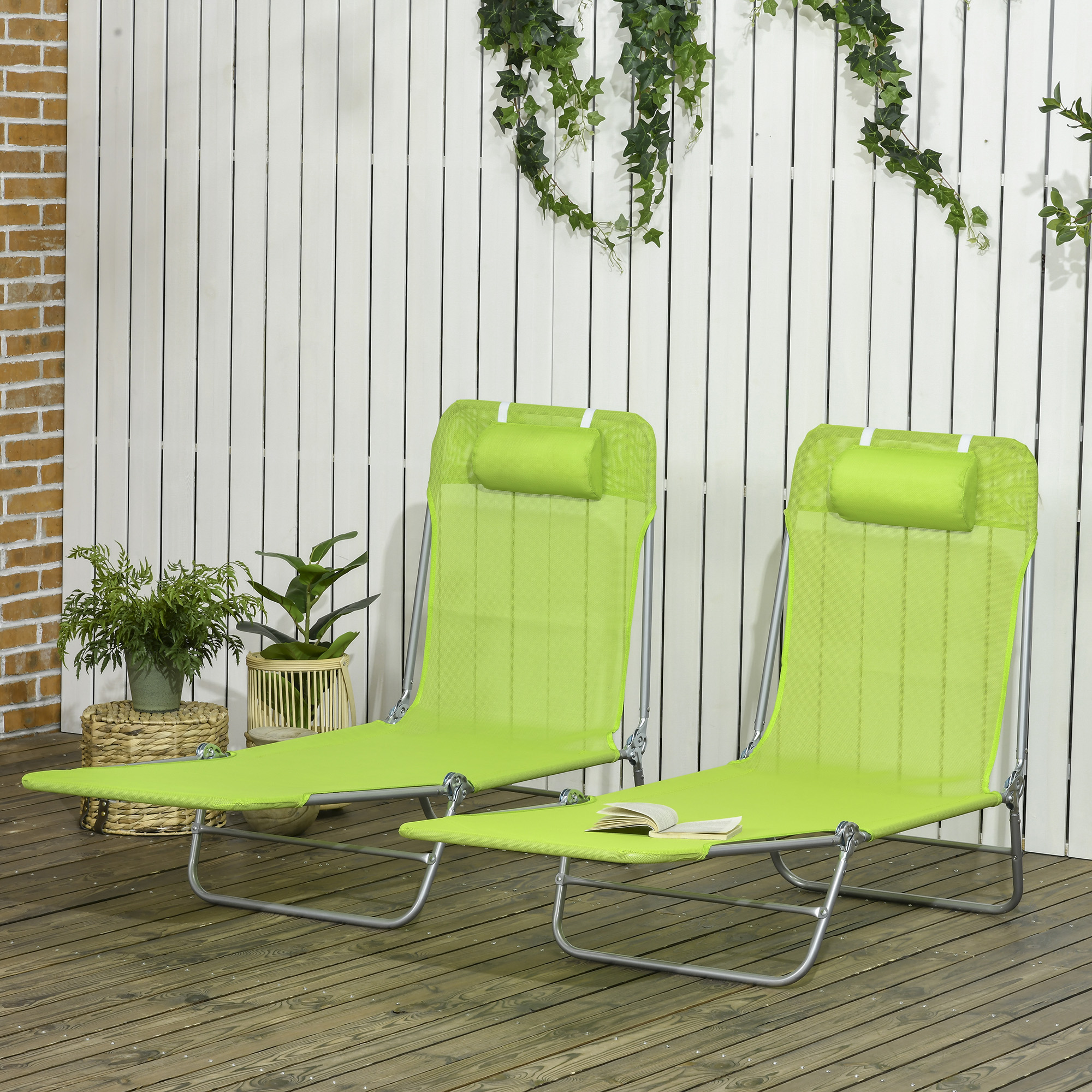 Outsunny Folding Chaise Lounge Chairs Set of 2 Outdoor Poolside Sun Tanning Green with Pillow Reclining Backrest Aosom Canada