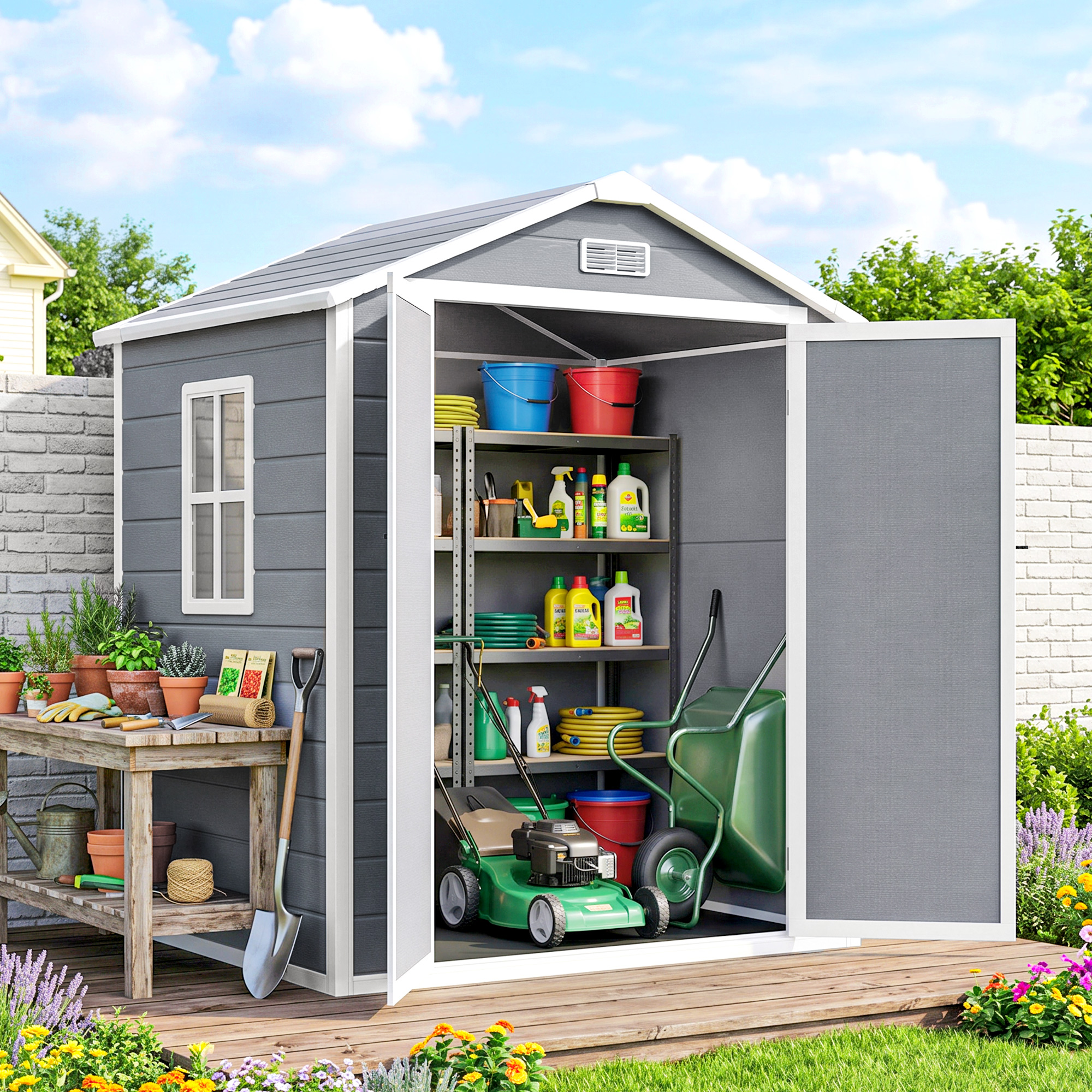 Outsunny 6 x 4.5 Plastic Storage Shed with Double Doors and Vent, Lockable Garden Tool Shed with Window for Farm Equipment, Grey Aosom Canada
