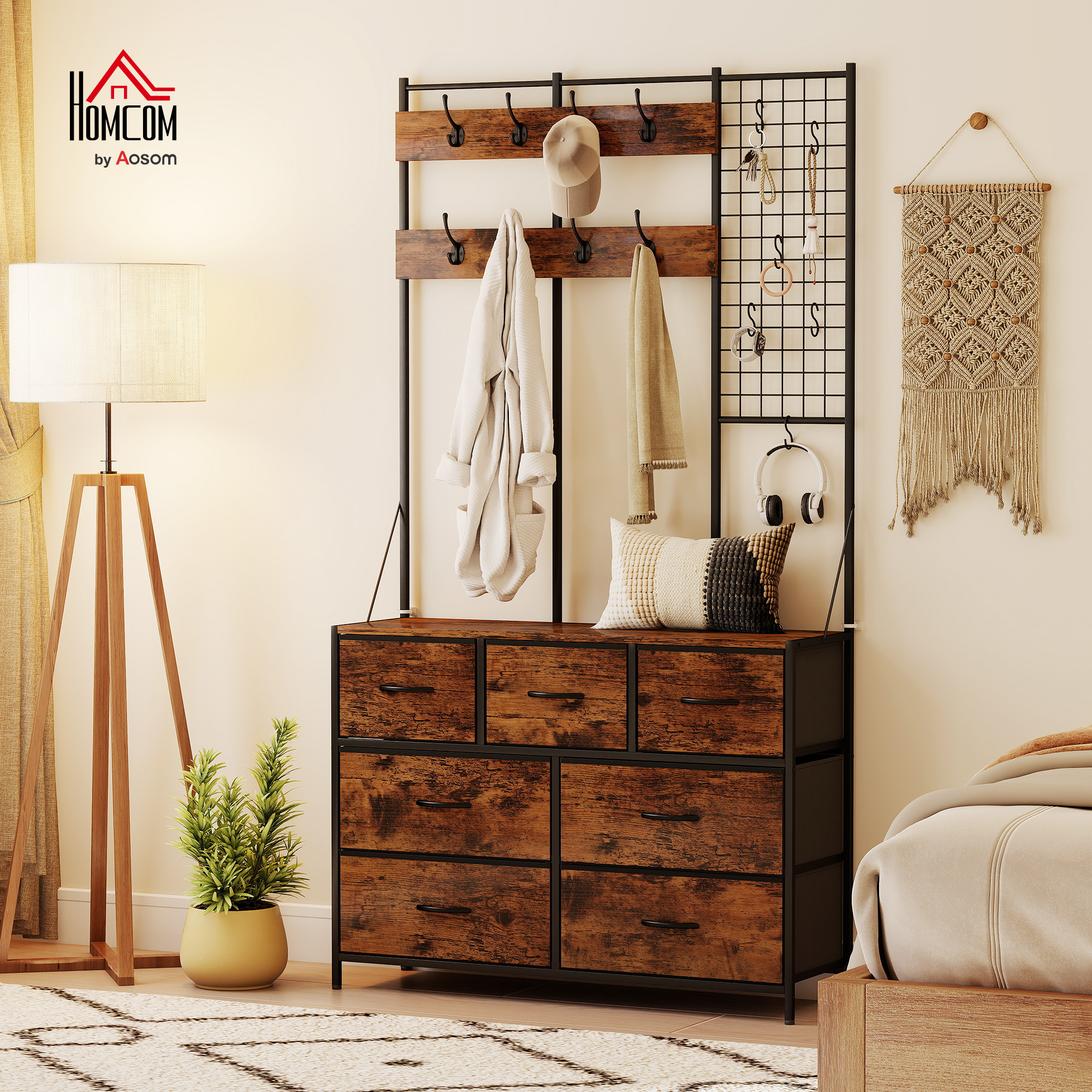 HOMCOM 4-In-1 Coat Rack with 7 Drawer Fabric Dresser, Hall Tree with 14 Hooks for Hallway, Entryway, Bedroom, Rustic Brown Aosom Canada