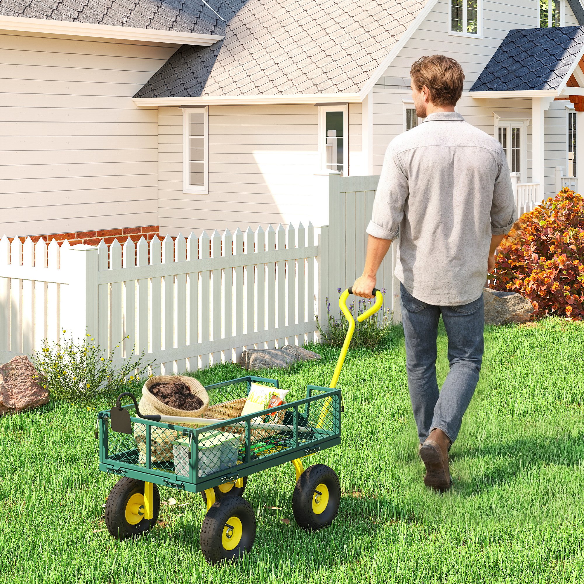 Outsunny Garden Cart, Utility Wagon Cart with Removable Sides, Convert into Flatbed, 10" Wheels, 180° Rotating Handle, Green Aosom Canada