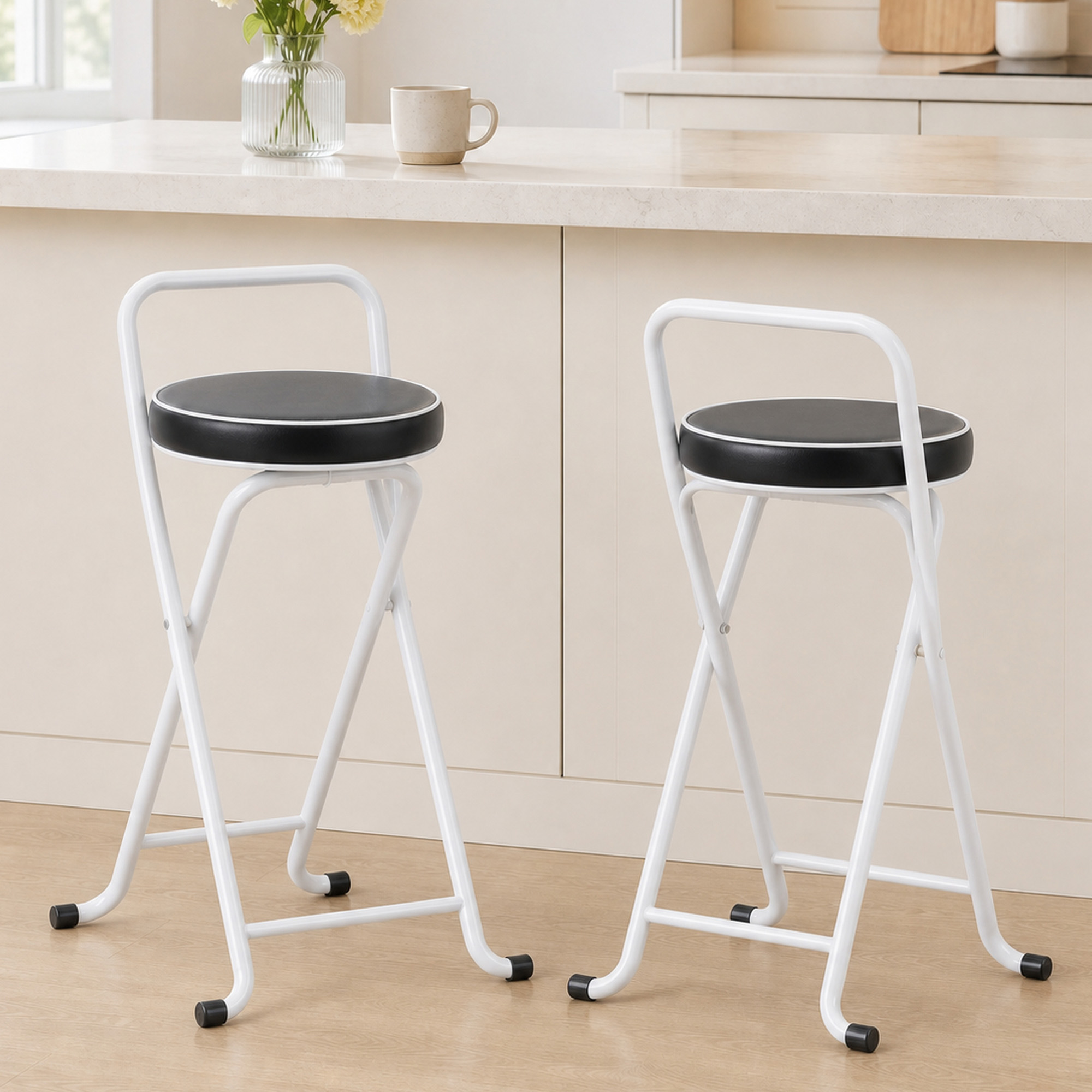 HOMCOM Foldable Bar Stools Set of 2, Folding Kitchen Chairs with PU Cushioned Seat, Footrest, Black Aosom Canada