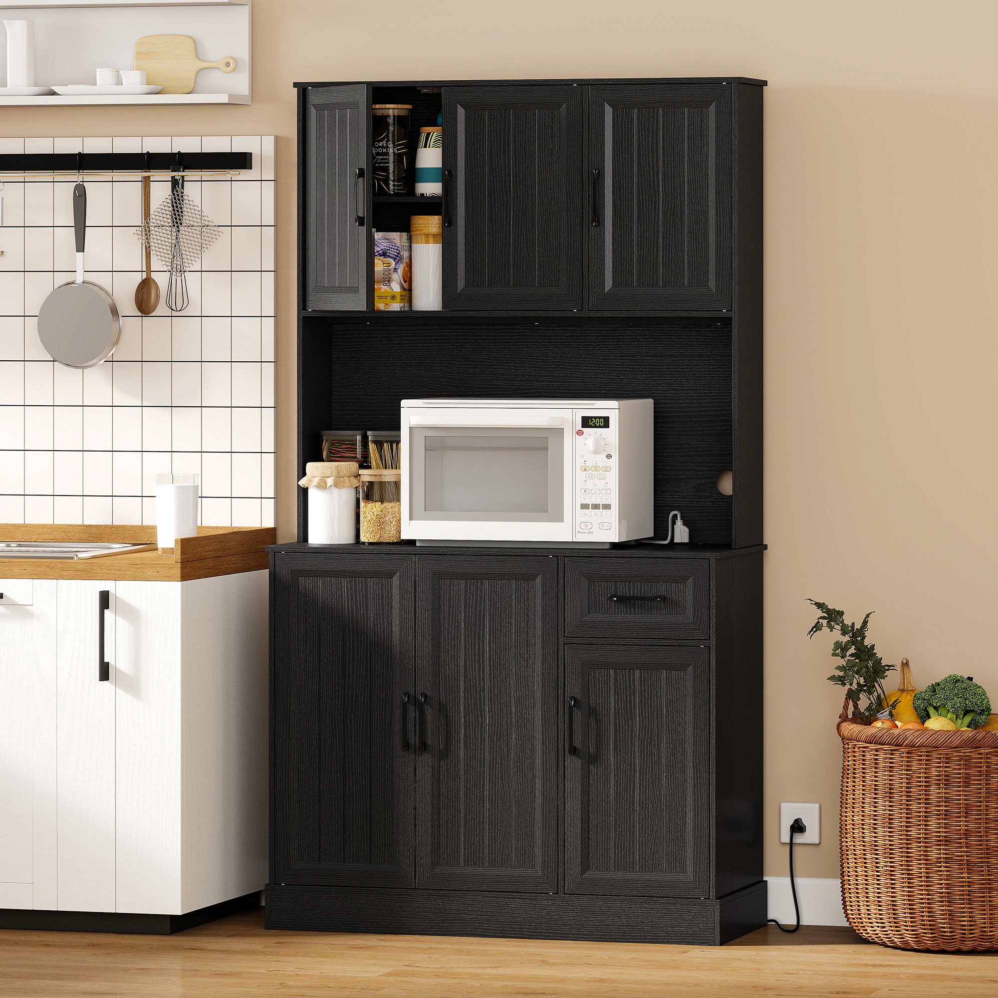 HOMCOM 71" Pantry Cabinet with Charging Station, Kitchen Storage Cabinet with Microwave Stand, Adjustable Shelves, Black Aosom Canada