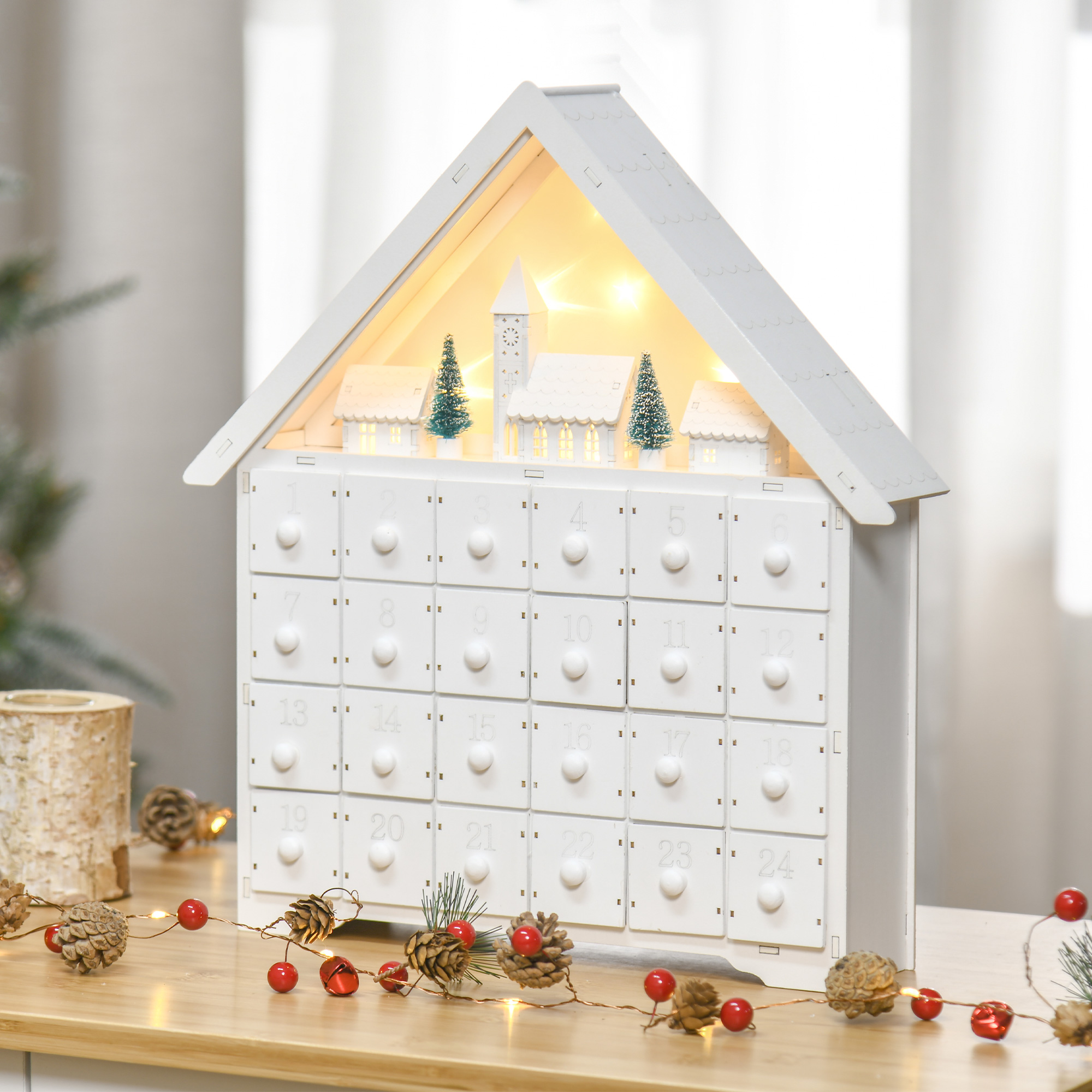 HOMCOM Light-Up Christmas Advent Calendar, Wooden Xmas House, Holiday Countdown with Drawer, Village Theme, White Aosom Canada