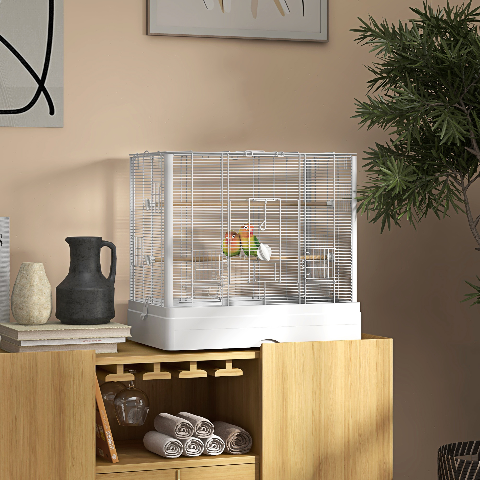 PawHut 22" Bird Cage for Budgie Finches Canaries Love Birds with Wooden Stands Slide-Out Tray Handles Food Containers White Aosom Canada